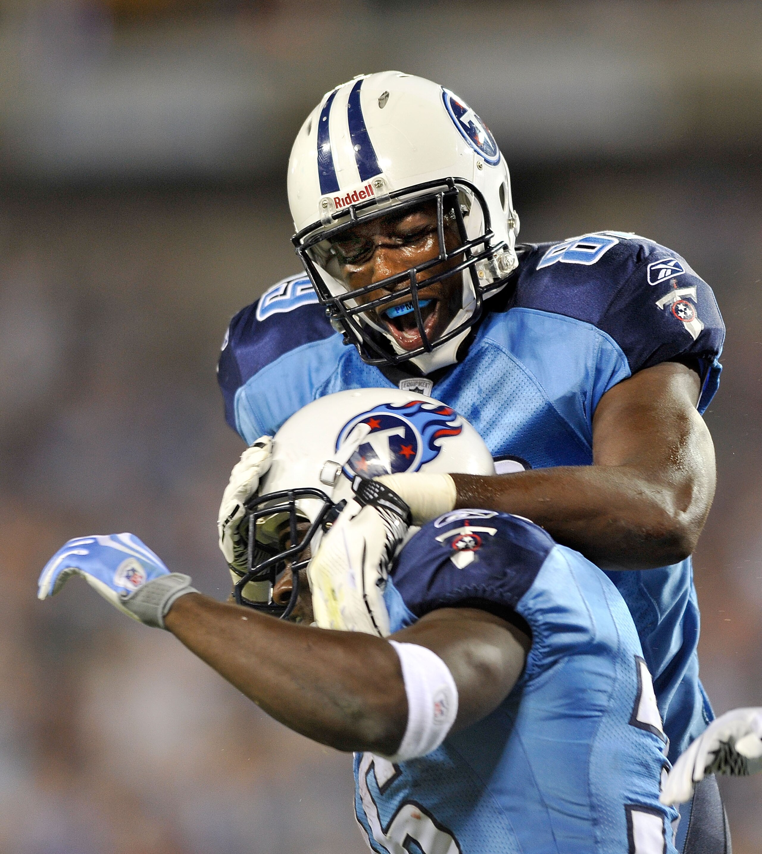 NASHVILLE, TN - AUGUST 23:  Jared Cook #89, top, of the Tennessee Titans celebrates after a touchdown by teammate Samkon Gado #36, bottom, during a preseason game against the Arizona Cardinals at LP Field on August 23, 2010 in Nashville, Tennessee. Tennes