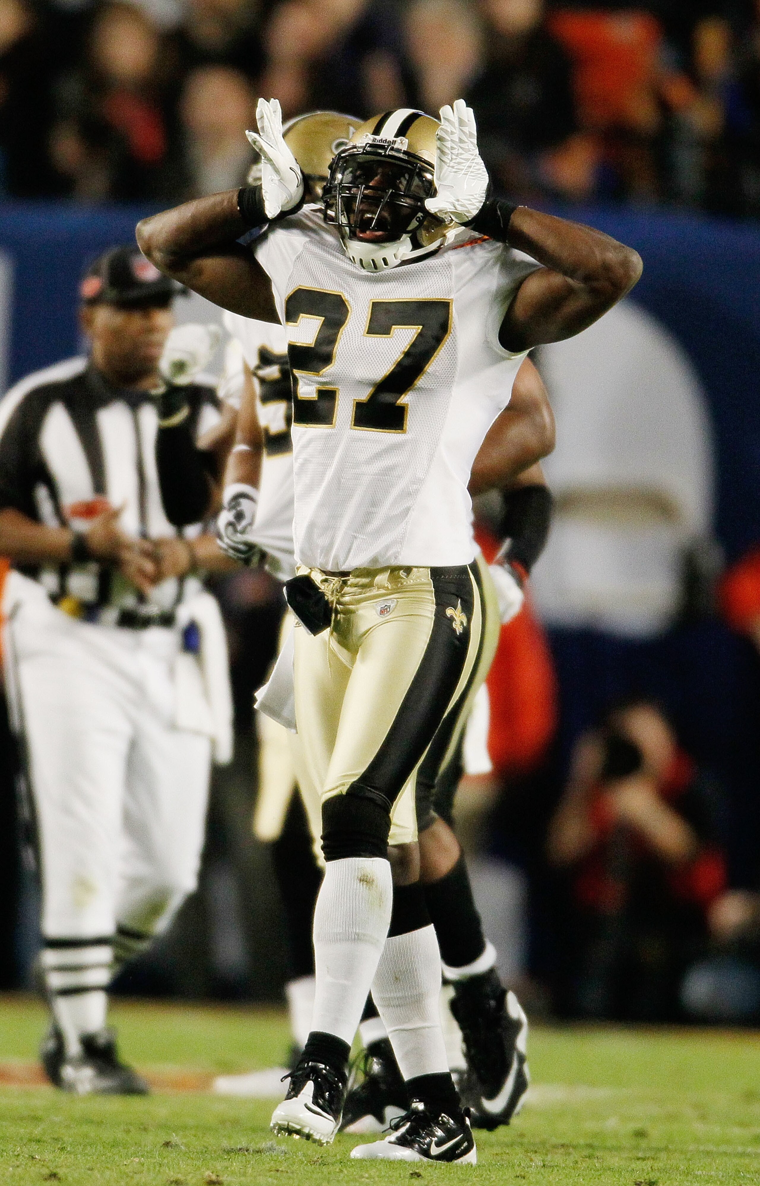 MIAMI GARDENS, FL - FEBRUARY 07: Malcolm Jenkins #27 of the New Orleans Saints reacts after a play against the Indianapolis Colts during Super Bowl XLIV on February 7, 2010 at Sun Life Stadium in Miami Gardens, Florida.  (Photo by Donald Miralle/Getty Ima