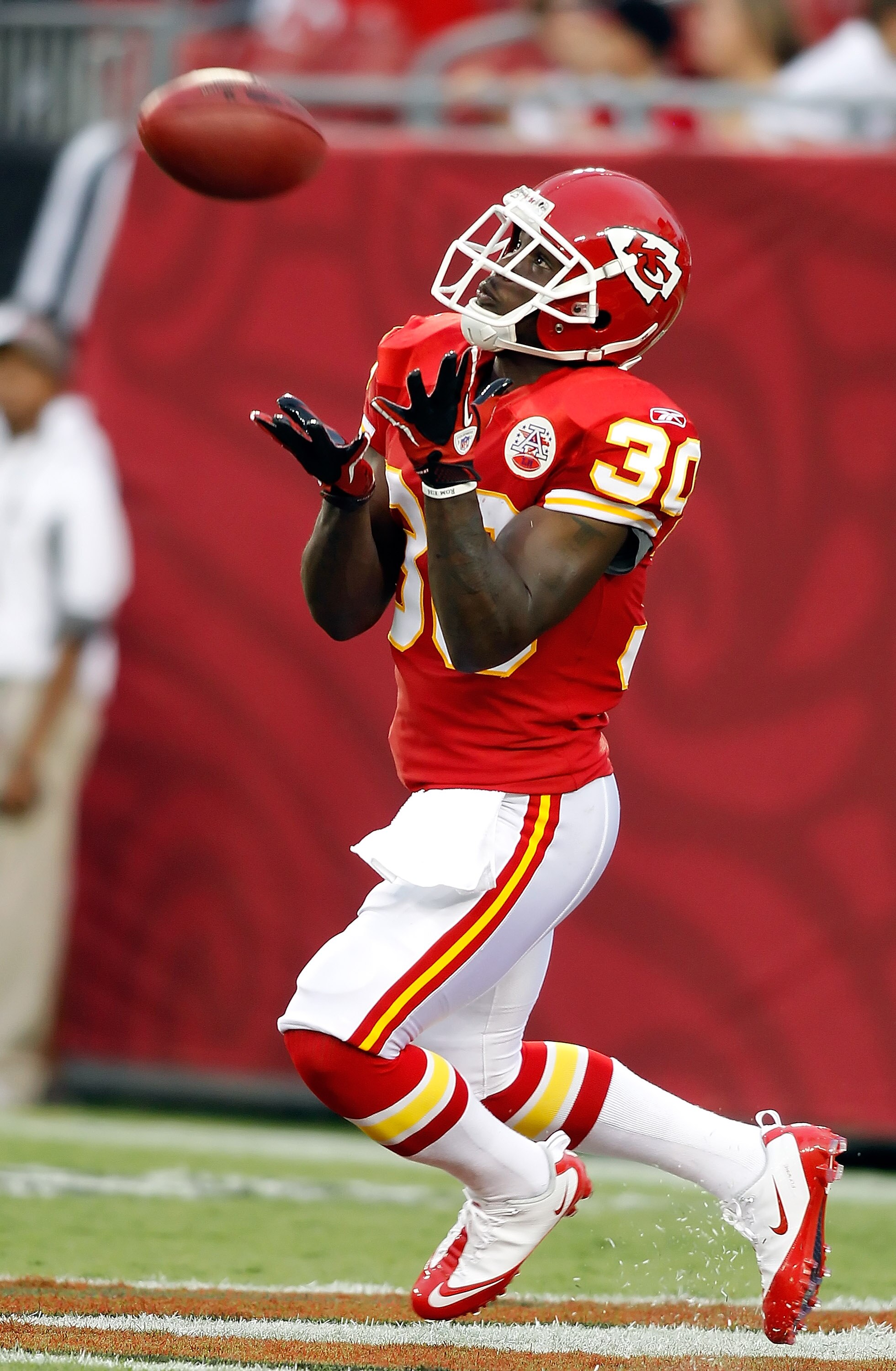 TAMPA, FL - AUGUST 21:  Defensive back Javier Arenas #30 of the Kansas City Chiefs takes the opening kickoff against the Tampa Bay Buccaneers during a preseason game at Raymond James Stadium on August 21, 2010 in Tampa, Florida.  (Photo by J. Meric/Getty 