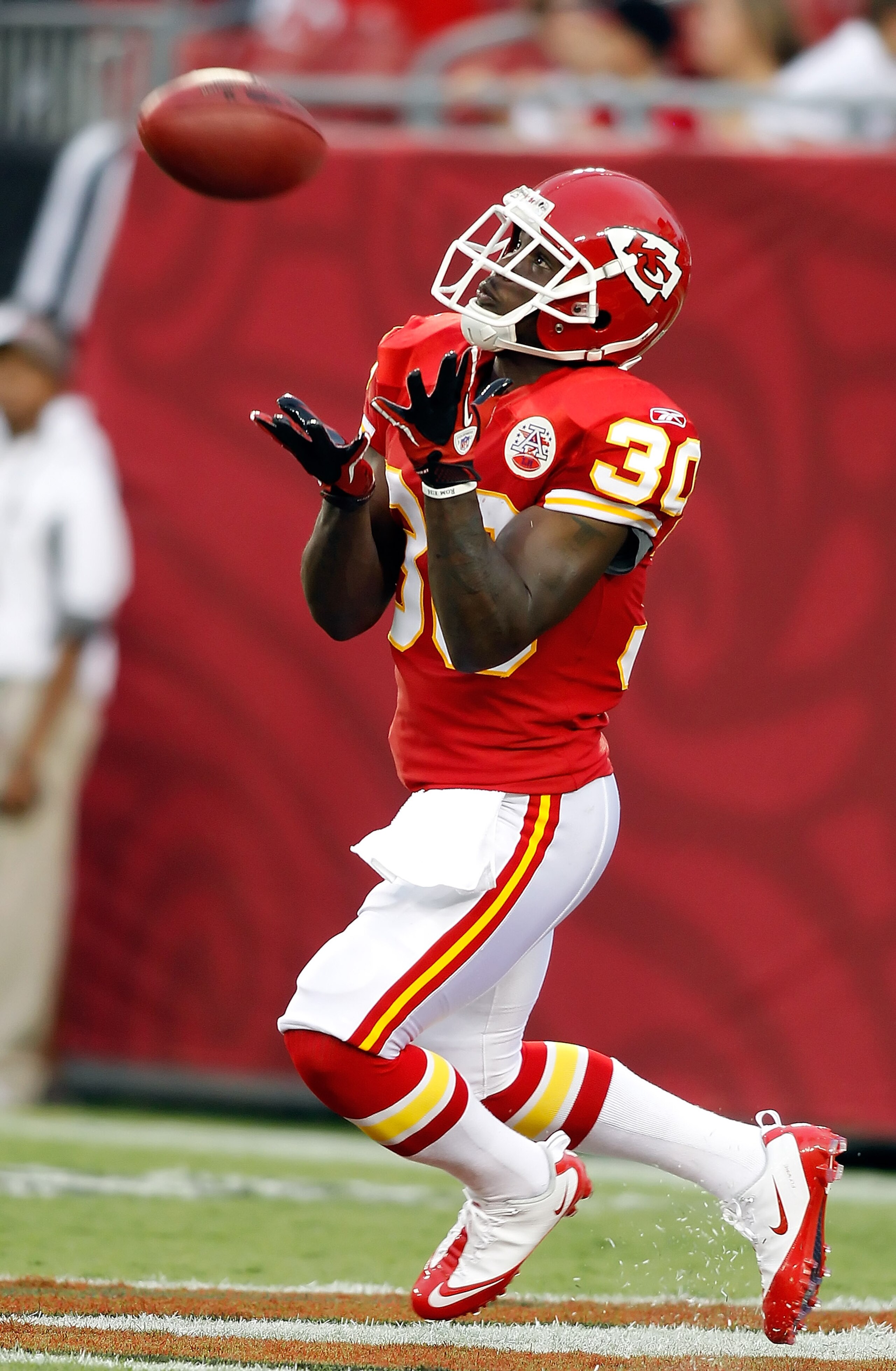 TAMPA, FL - AUGUST 21: Defensive back Javier Arenas #30 of the Kansas City Chiefs takes the opening kickoff against the Tampa Bay Buccaneers during a preseason game at Raymond James Stadium on August 21, 2010 in Tampa, Florida. (Photo by J. Meric/Getty TAMPA, FL - AUGUST 21: Defensive back Javier Arenas #30 of the Kansas City Chiefs takes the opening kickoff against the Tampa Bay Buccaneers during a preseason game at Raymond James Stadium on August 21, 2010 in Tampa, Florida. (Photo by J. Meric/Getty