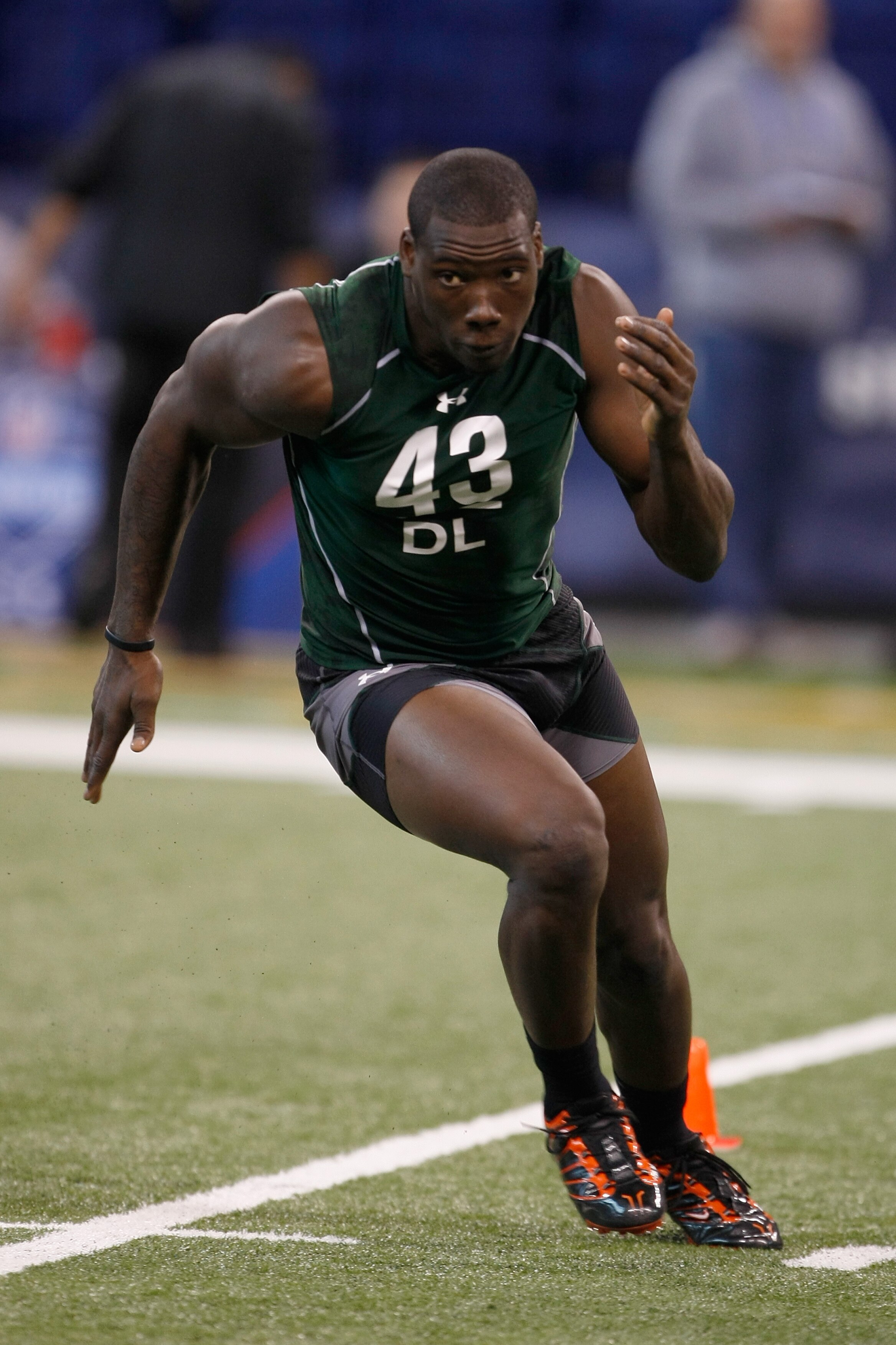 INDIANAPOLIS, IN - MARCH 1: Defensive lineman Jason Pierre-Paul of South Florida runs in drills during the NFL Scouting Combine presented by Under Armour at Lucas Oil Stadium on March 1, 2010 in Indianapolis, Indiana. (Photo by Scott Boehm/Getty Images)