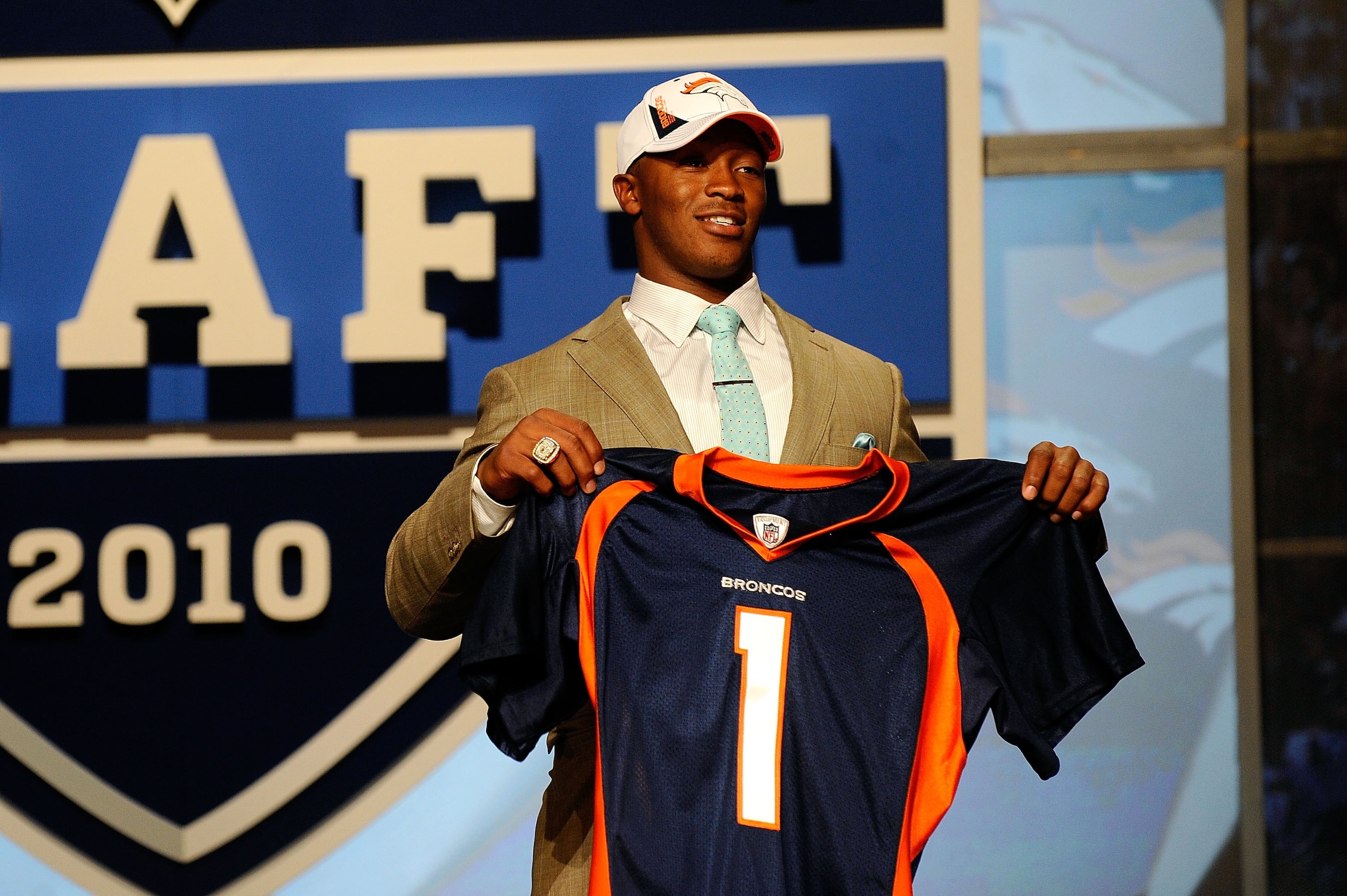 NEW YORK - APRIL 22: Demaryius Thomas from the Georgia Tech Yellow Jackets holds up a Denver Broncos jersey after he was drafted by the Broncos number 22 overall during the the first round of the 2010 NFL Draft at Radio City Music Hall on April 22, 2010 NEW YORK - APRIL 22: Demaryius Thomas from the Georgia Tech Yellow Jackets holds up a Denver Broncos jersey after he was drafted by the Broncos number 22 overall during the the first round of the 2010 NFL Draft at Radio City Music Hall on April 22, 2010