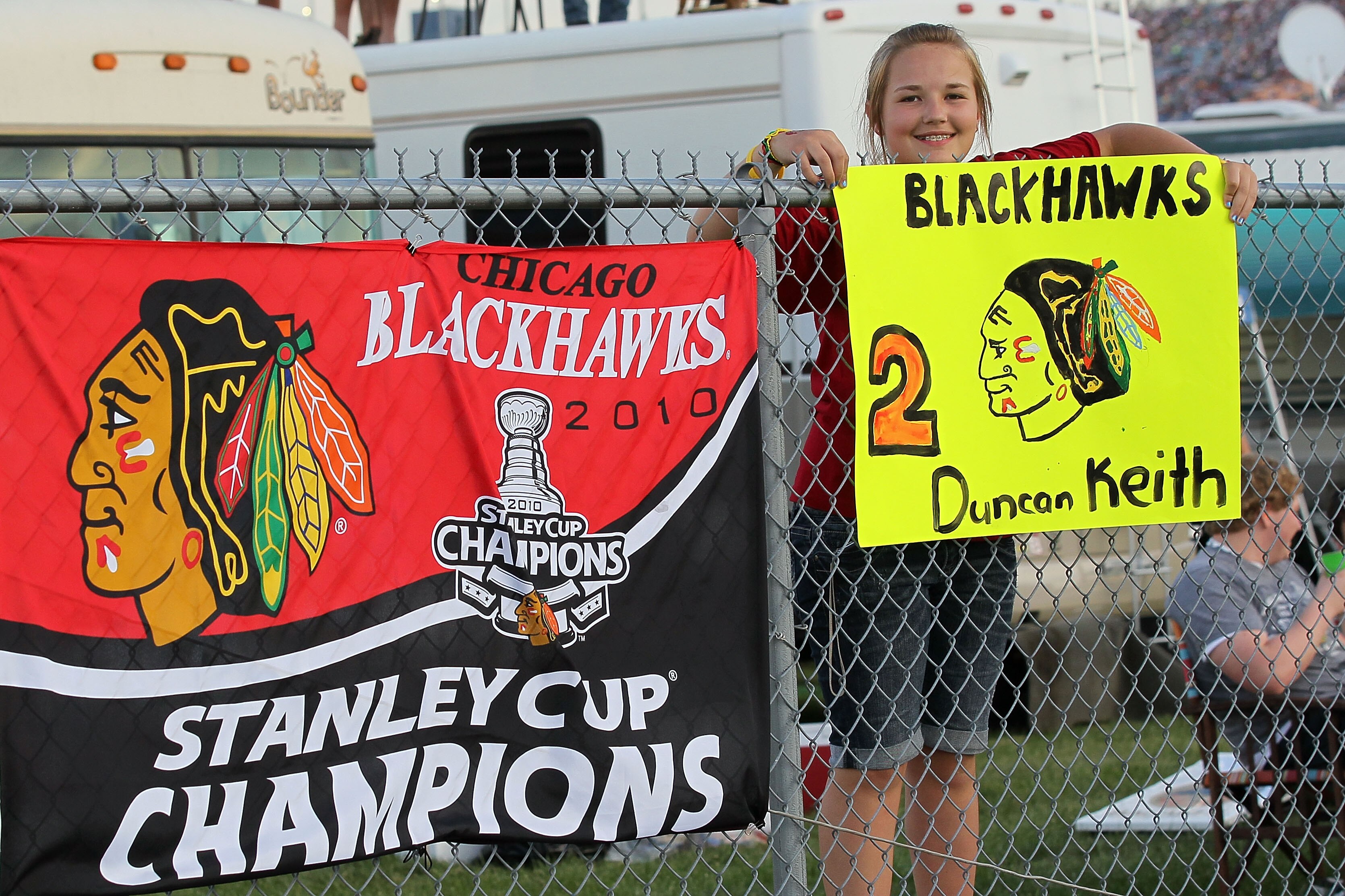 JOLIET, IL - JULY 10:  Nascar fans show support for Duncan Keith of the NYL's Chicago Blackhawks during the NASCAR Sprint Cup Series LIFELOCK.COM 400 at the Chicagoland Speedway on July 10, 2010 in Joliet, Illinois.  (Photo by Andy Lyons/Getty Images)
