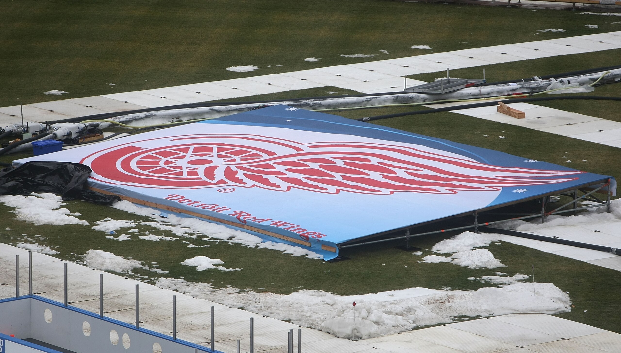 CHICAGO - DECEMBER 27: A Detroit Redwings logo is seen as preparations continue during a media availability for the 2009 NHL Winter Classic on December 27, 2008 at Wrigley Field in Chicago, Illinois. The Winter Classic will feature the Chicago Blackhawks