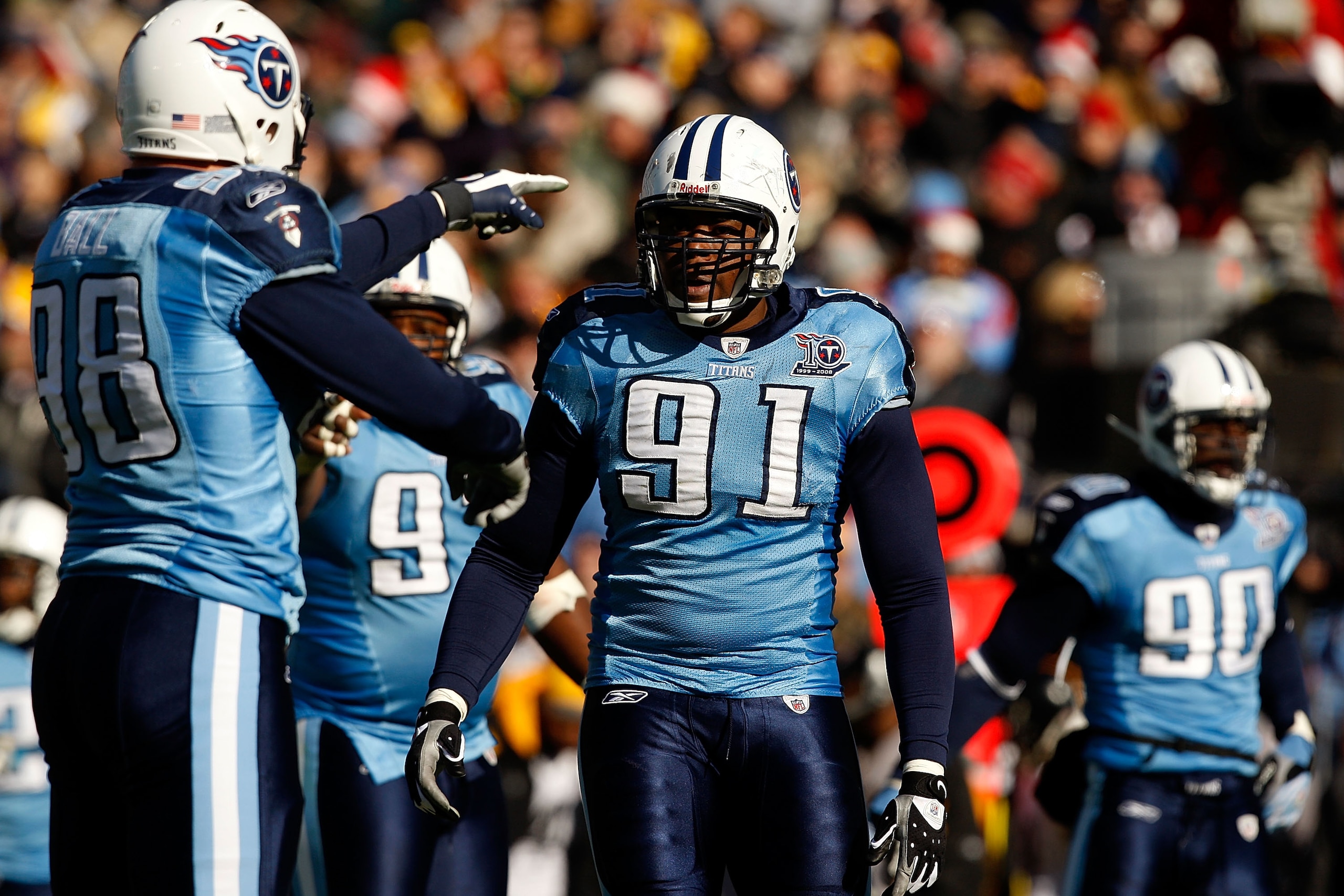 NASHVILLE, TN - DECEMBER 21:  Jason Jones #91 of the Tennessee Titans watches his teammates during their game against the Pittsburgh Steelers on December 21, 2008 at LP Field in Nashville, Tennessee. Jones had 3.5 sacks on the day.  (Photo by Streeter Lec