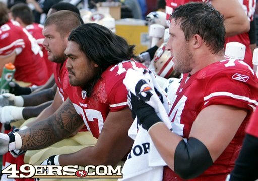 The 49er Offensive Line watches their defense in action on Sunday.