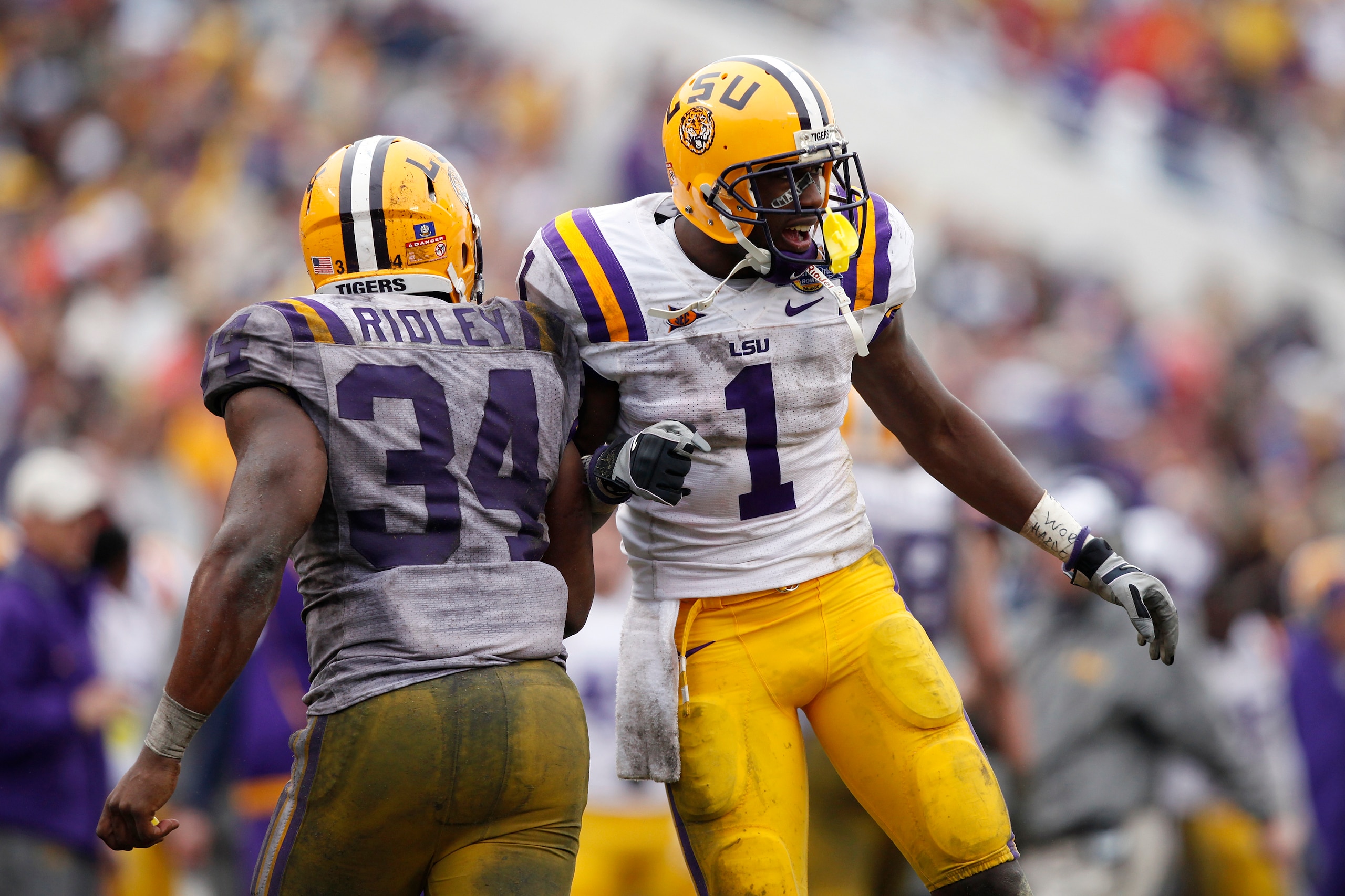 ORLANDO, FL - JANUARY 1: Brandon LaFell #1 and Stevan Ridley #34 of the LSU Tigers celebrate after Ridley scored a touchdown in the fourth quarter against the Penn State Nittany Lions during the 2010 Capital One Bowl at the Florida Citrus Bowl Stadium on ORLANDO, FL - JANUARY 1: Brandon LaFell #1 and Stevan Ridley #34 of the LSU Tigers celebrate after Ridley scored a touchdown in the fourth quarter against the Penn State Nittany Lions during the 2010 Capital One Bowl at the Florida Citrus Bowl Stadium on