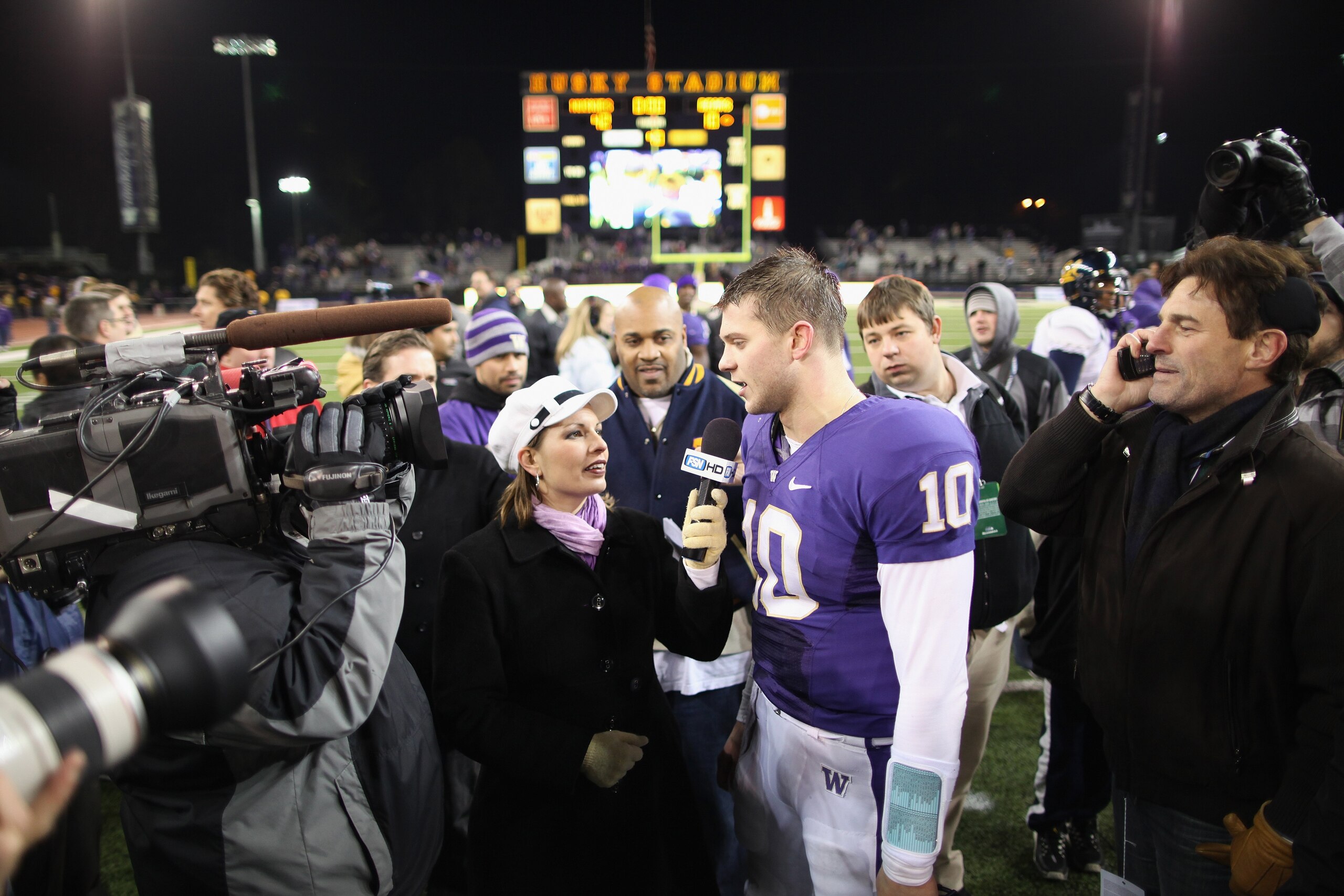 SEATTLE - DECEMBER 05: Quarterback Jake Locker #10 of the Washington Huskies speaks to a reporter after winning the game against the California Bears on December 5, 2009 at Husky Stadium in Seattle, Washington. The Huskies defeated the Bears 42-10. (Phot SEATTLE - DECEMBER 05: Quarterback Jake Locker #10 of the Washington Huskies speaks to a reporter after winning the game against the California Bears on December 5, 2009 at Husky Stadium in Seattle, Washington. The Huskies defeated the Bears 42-10. (Phot
