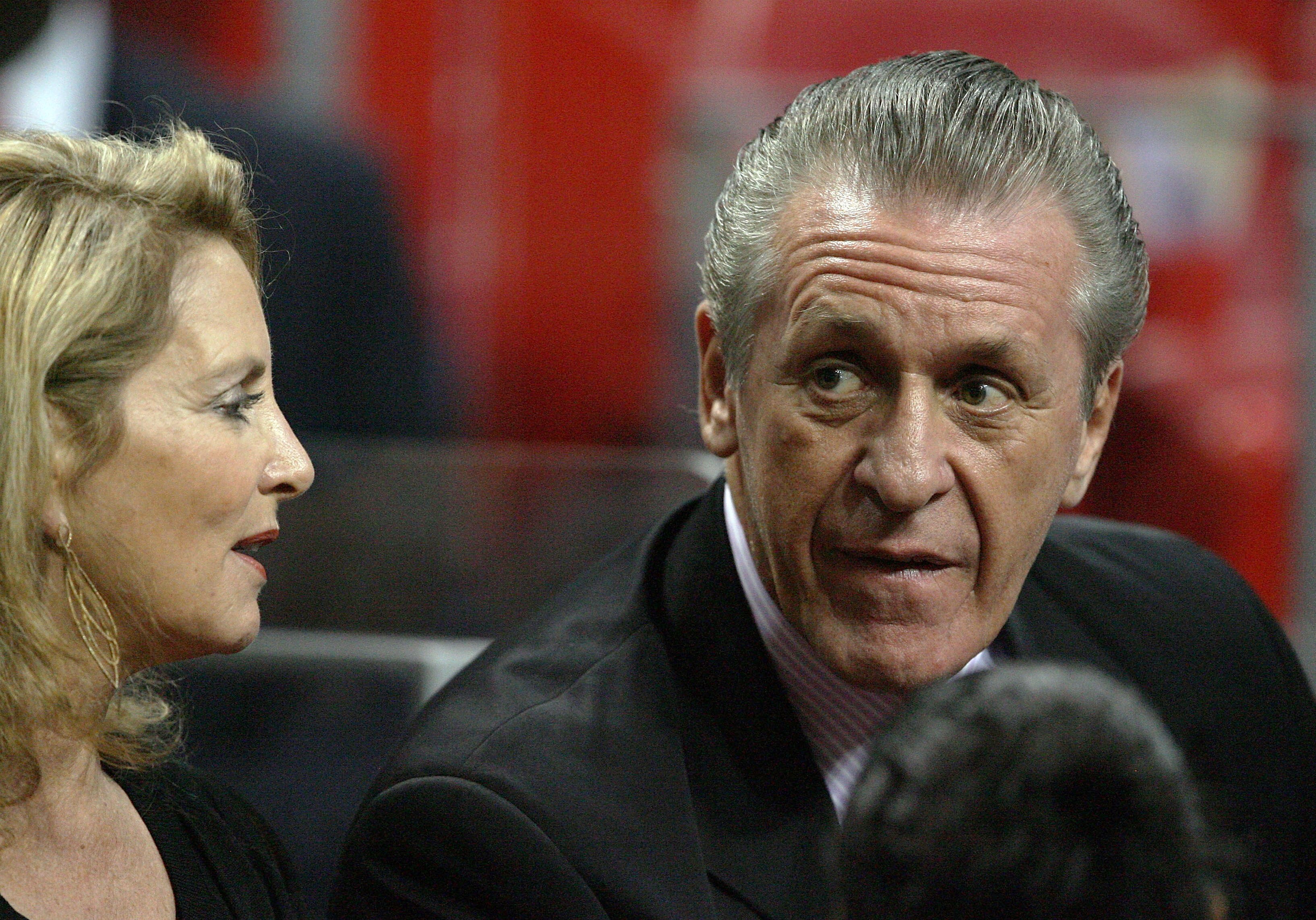 MIAMI - APRIL 27:  Pat Riley, president of the Miami Heat, and his wife Chris Riley watch the Heat take on the Atlanta Hawks during Game Four of the Eastern Conference Quarterfinals of the 2009 NBA Playoffs at American Airlines Arena on April 27, 2009 in 