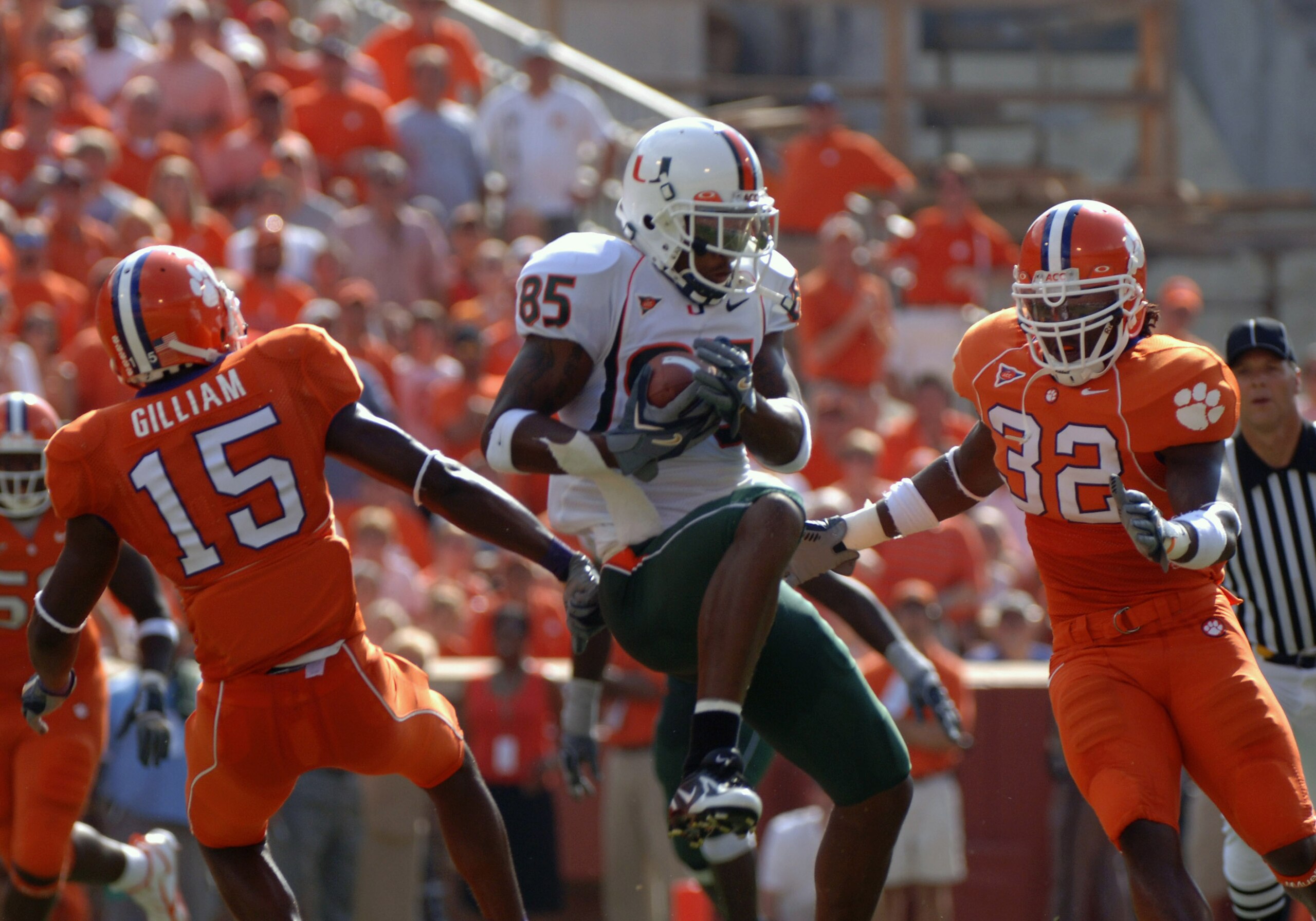University of Miami wide receiver Ryan Moore grabs a pass over the middle against Clemson September 17, 2005 at Clemson. (Photo by A. Messerschmidt/Getty Images)