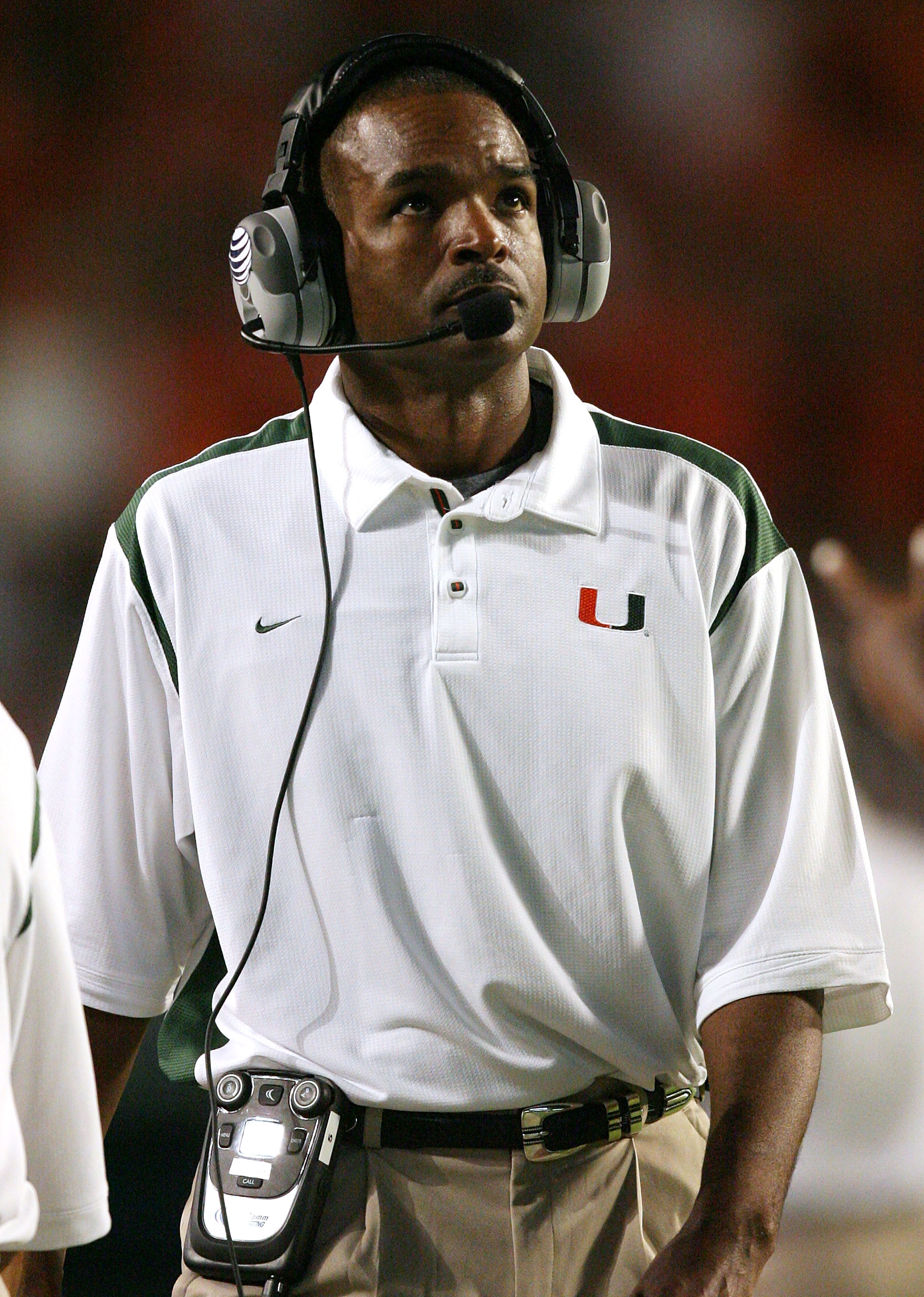 MIAMI - NOVEMBER 13:  Head coach Randy Shannon of the Miami Hurricanes looks up toward the scoreboard while taking on the Virginia Tech Hokies at Dolphin Stadium on November 13, 2008 in Miami, Florida. Miami defeated Virginia Tech 16-14.  (Photo by Doug B