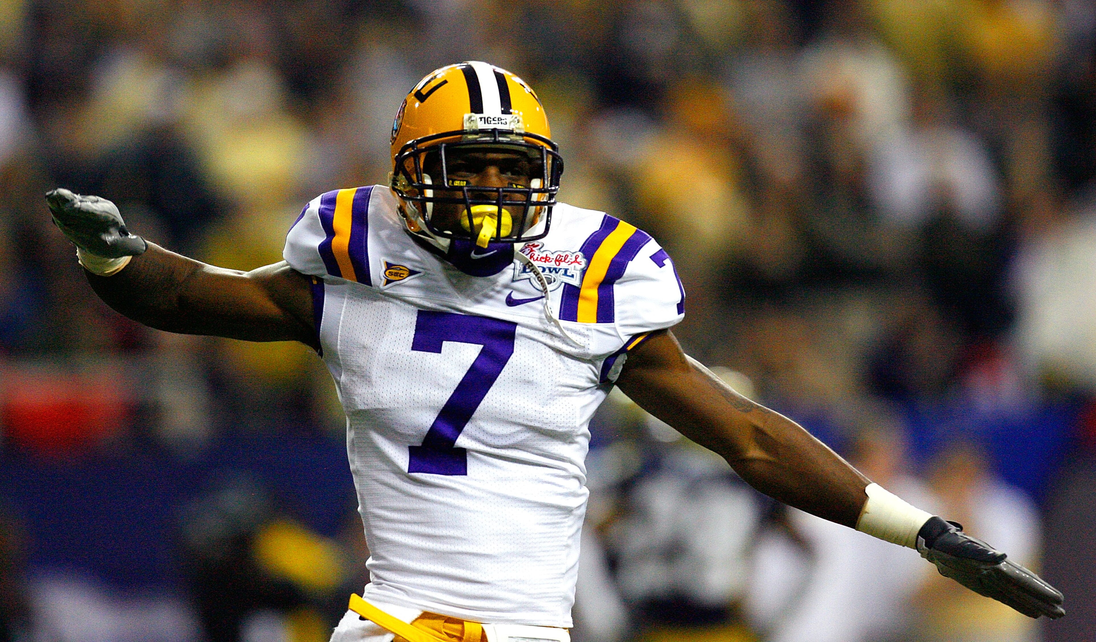 ATLANTA - DECEMBER 31:  Cornerback Patrick Peterson #7 of the LSU Tigers reacts after forcing a fumble and turnover by the Georgia Tech Yellow Jackets during the Chick-fil-A Bowl on December 31, 2008 at the Georgia Dome in Atlanta, Georgia.  (Photo by Kev