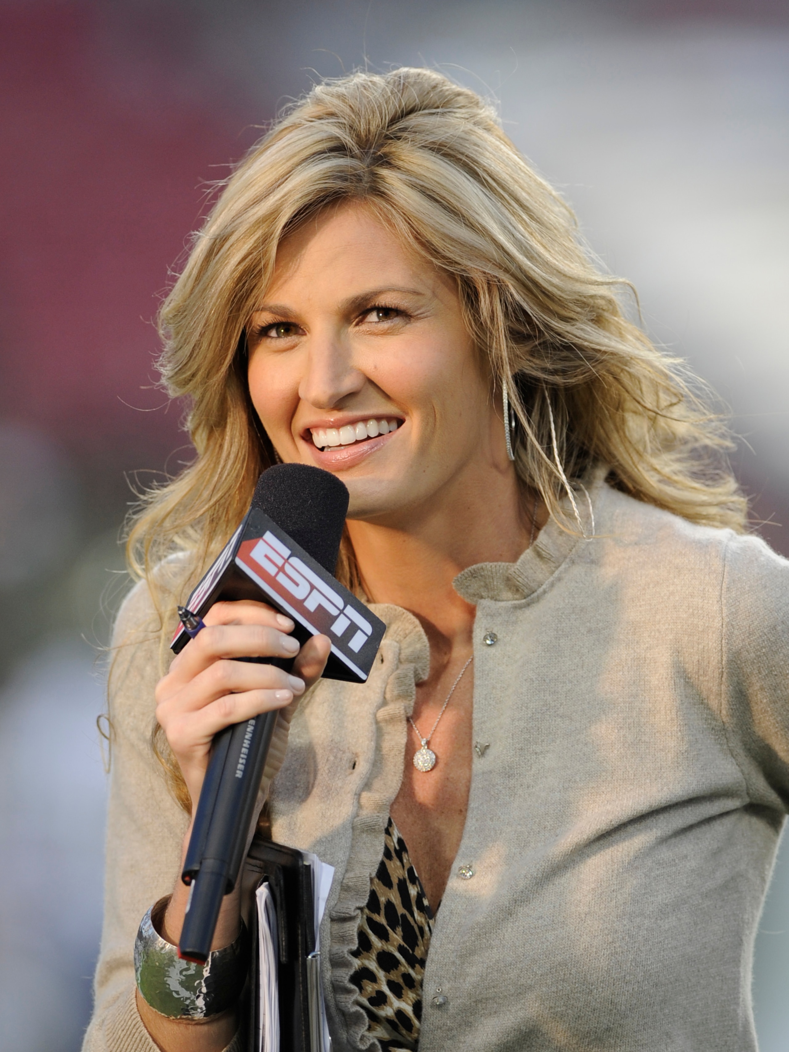 TAMPA, FL - OCTOBER 2: ESPN commentator Erin Andrews reports as the Pittsburgh Panthers upset the University of South Florida Bulls at Raymond James Stadium on October 2, 2008 in Tampa, Florida.  (Photo by Al Messerschmidt/Getty Images)
