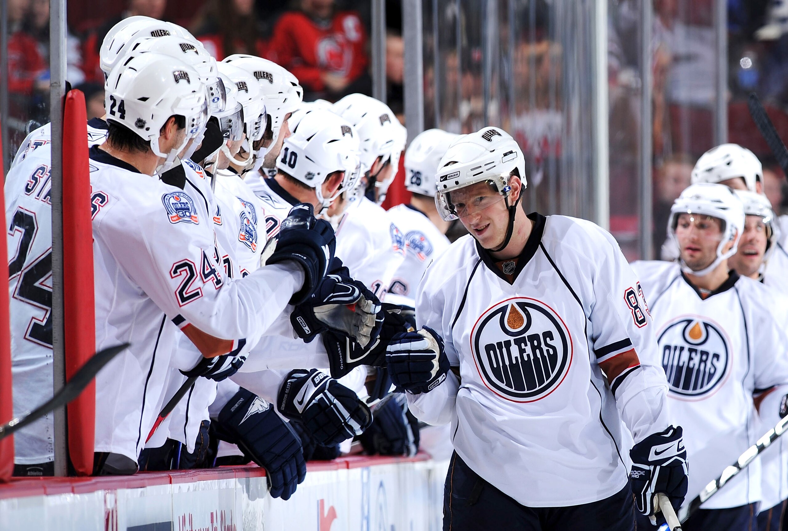 NEWARK, NJ - NOVEMBER 09: Ales Hemsky #83 of the Edmonton Oilers celebrates his goal against The New Jersey Devils during their game on November 9, 2008 at The Prudential Center in Newark, New Jersey. (Photo by Al Bello/Getty Images) NEWARK, NJ - NOVEMBER 09: Ales Hemsky #83 of the Edmonton Oilers celebrates his goal against The New Jersey Devils during their game on November 9, 2008 at The Prudential Center in Newark, New Jersey. (Photo by Al Bello/Getty Images)