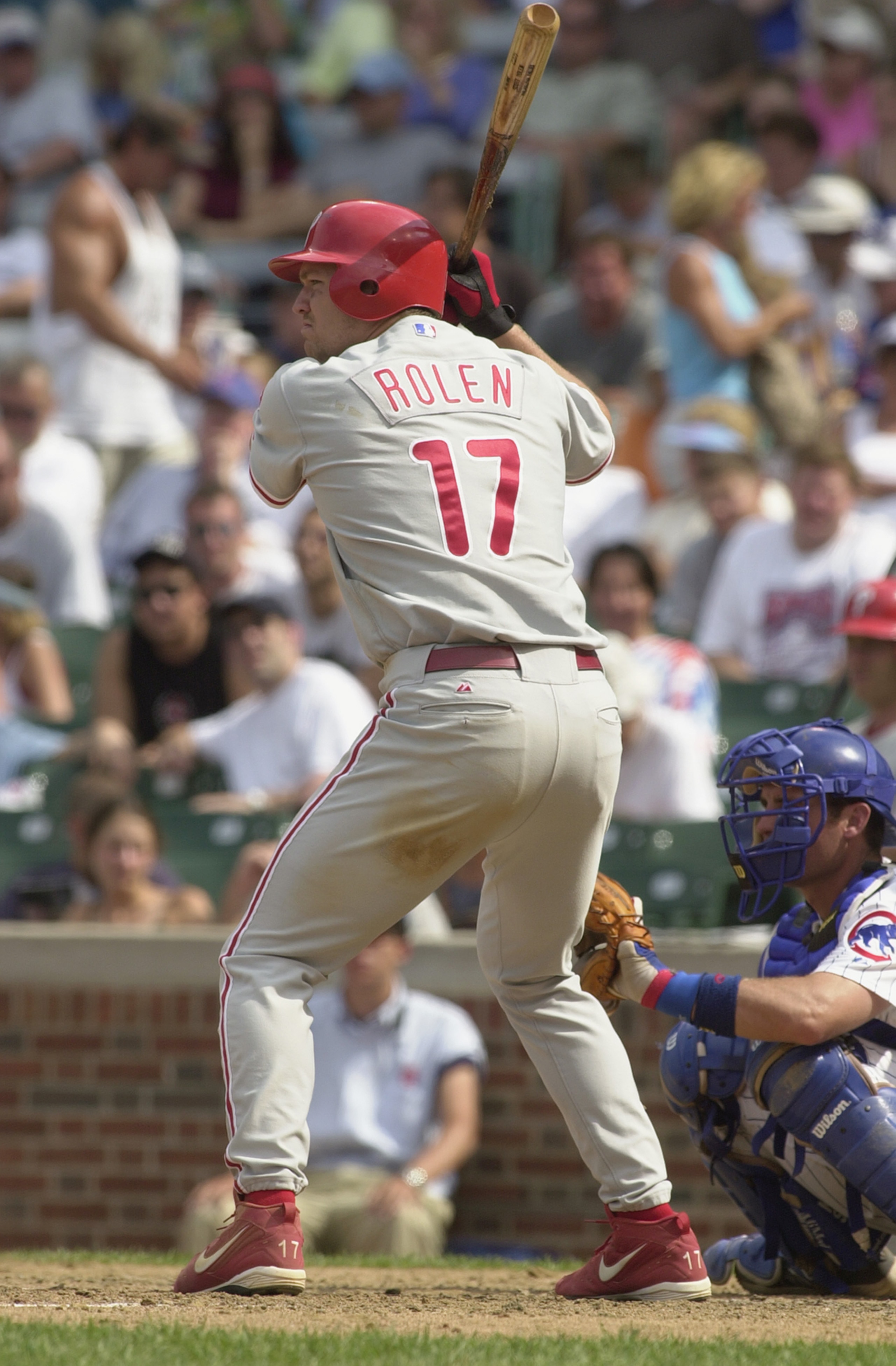 CHICAGO - JULY 22: Third Baseman Scott Rolen #17 of the Philadelphia Phillies readies at the plate against the Chicago Cubs on July 22, 2002 during the MLB game at Wrigley Field in Chicago, Illinois. The Cubs defeated the Phillies 7-6. (Photo by Jonath CHICAGO - JULY 22: Third Baseman Scott Rolen #17 of the Philadelphia Phillies readies at the plate against the Chicago Cubs on July 22, 2002 during the MLB game at Wrigley Field in Chicago, Illinois. The Cubs defeated the Phillies 7-6. (Photo by Jonath