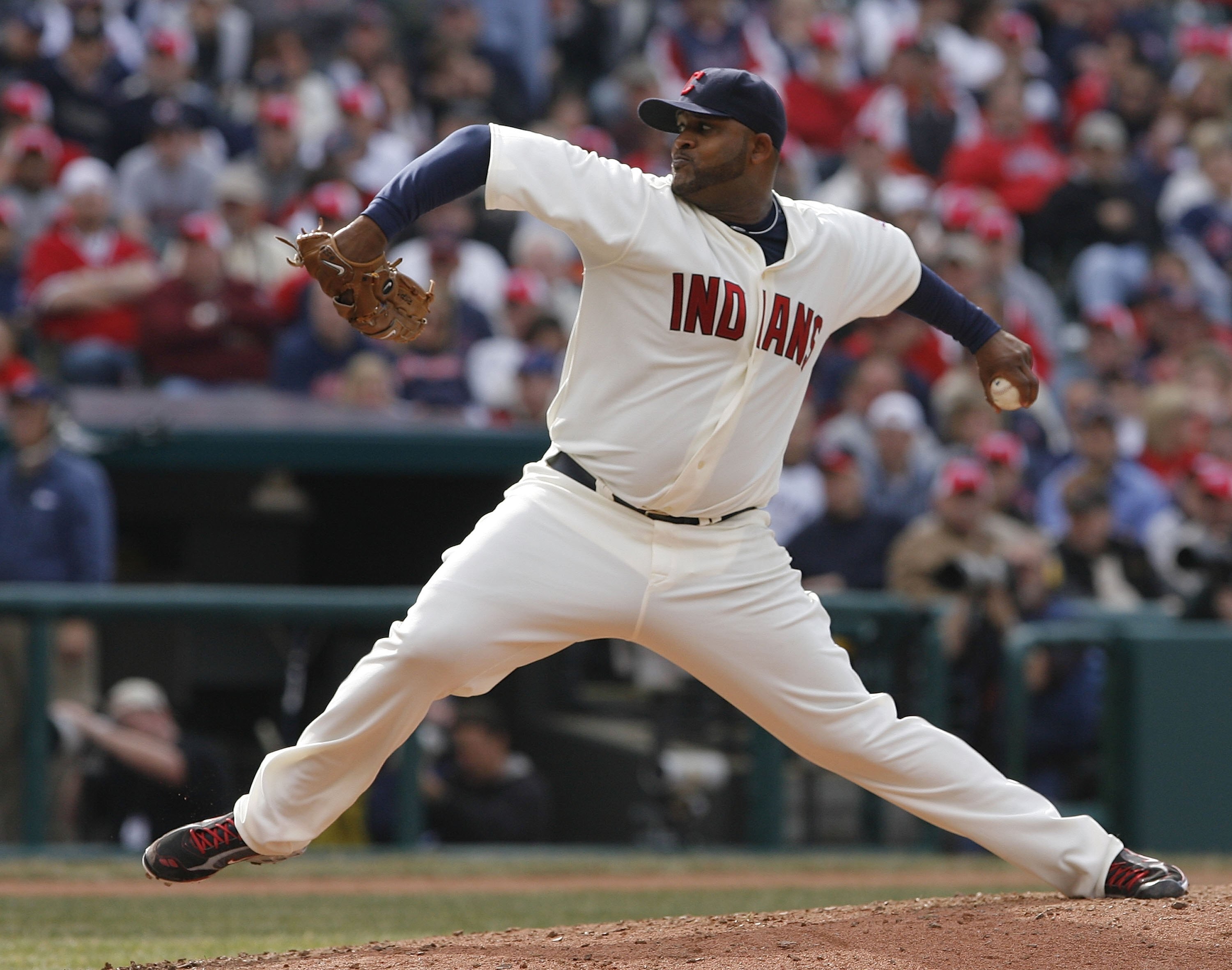CLEVELAND - MARCH 31:  Pitcher C.C. Sabathia #52 of the Cleveland Indians delivers a pitch during the first inning of their Opening Day game against the Chicago White Sox on March 31, 2008 at Progressive Field in Cleveland, Ohio.  (Photo by Matt Sullivan/