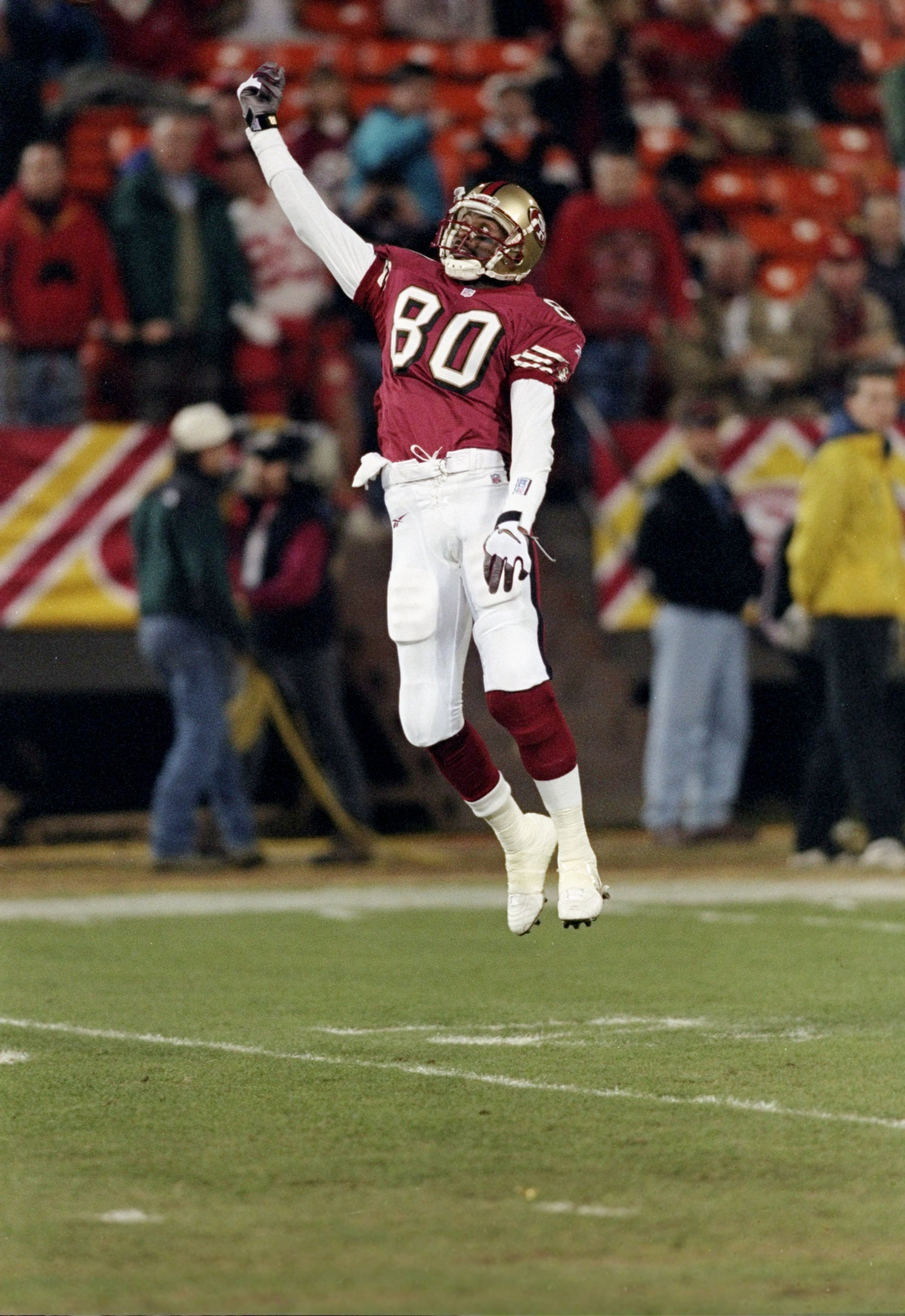 15 Dec 1997: Jerry Rice #80 of the San Francisco 49ers'' celoebrates during their 34-17 victory over the Denver Broncos at 3Com Park in San Francisco, California. Mandatory Credit: Todd Warshaw /Allsport 15 Dec 1997: Jerry Rice #80 of the San Francisco 49ers'' celoebrates during their 34-17 victory over the Denver Broncos at 3Com Park in San Francisco, California. Mandatory Credit: Todd Warshaw /Allsport