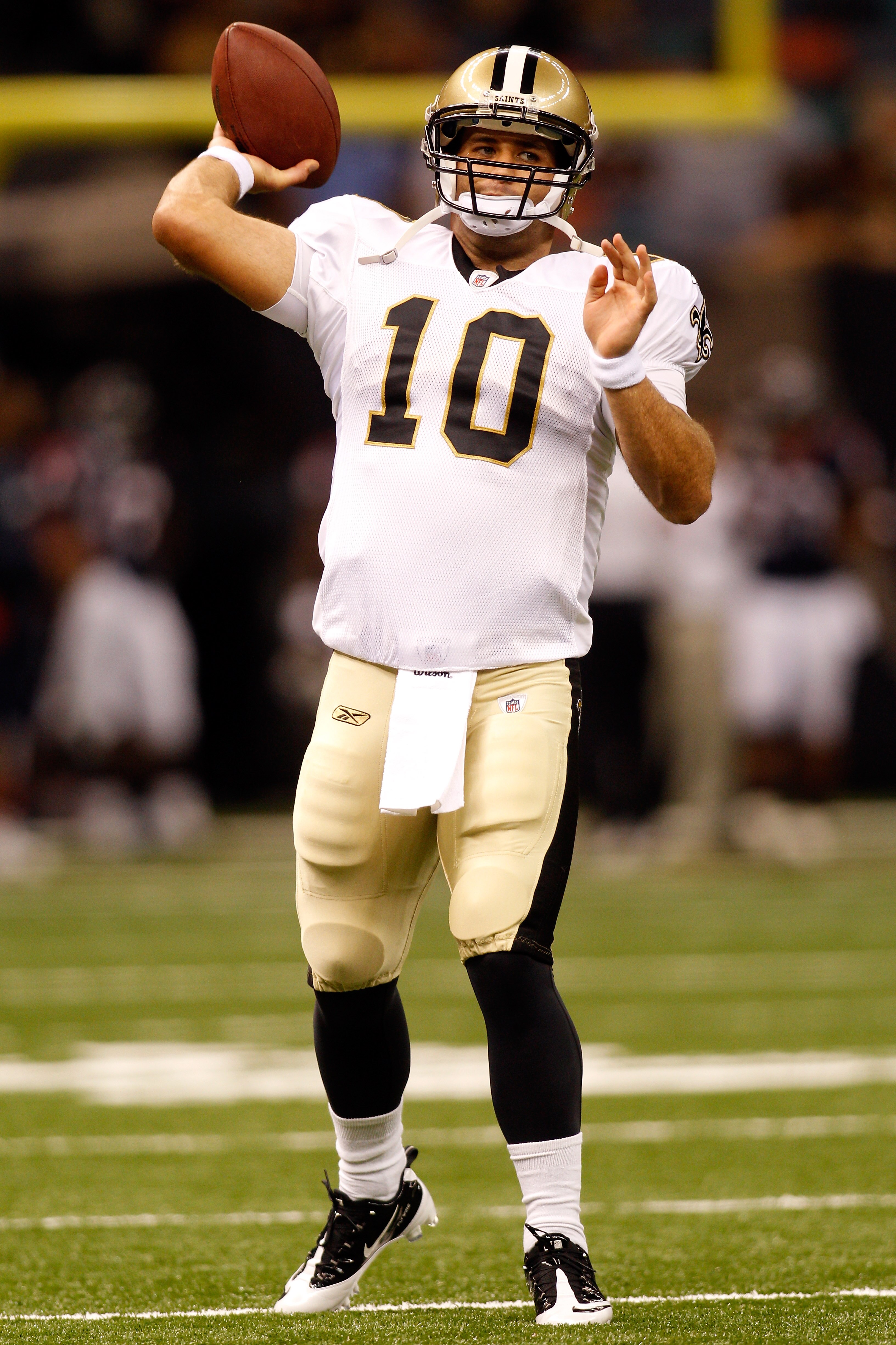 NEW ORLEANS - AUGUST 21: Chase Daniel #10 of the New Orleans Saints warms up during pregame before playing the Houston Texans at the Louisiana Superdome on August 21, 2010 in New Orleans, Louisiana.  (Photo by Chris Graythen/Getty Images)