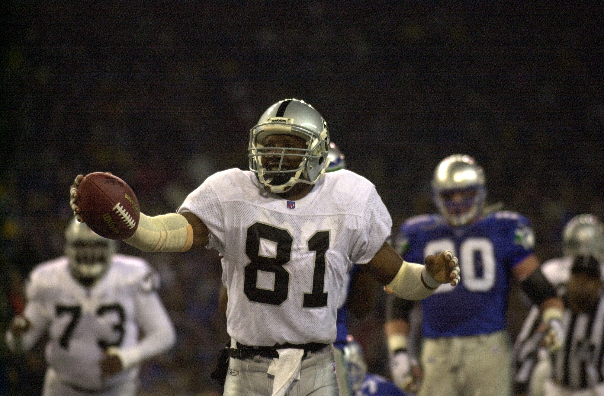 11 Nov 2001 : Tim Brown of the Oakland Raiders during the game against the Seattle Seahawks at Husky Stadium in Seattle, Washington. The Seattle Seahawks beat the Oakland Raiders 34-27. DIGITAL IMAGE. Mandatory Credit: Otto Greule/Allsport