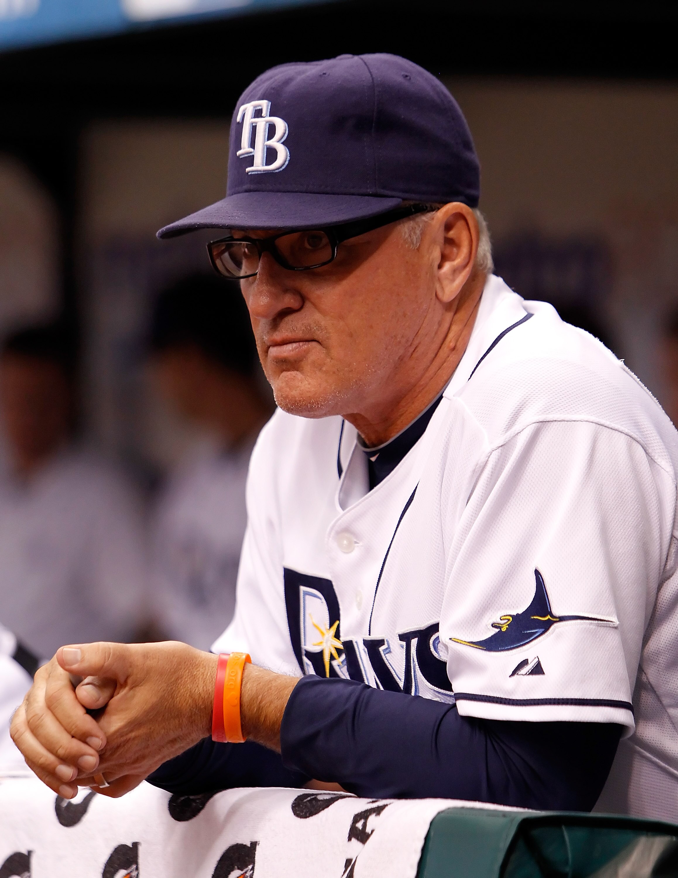 ST. PETERSBURG - JULY 31:  Manager Joe Maddon #70 of the Tampa Bay Rays watches his team against the New York Yankees during the game at Tropicana Field on July 31, 2010 in St. Petersburg, Florida.  (Photo by J. Meric/Getty Images)