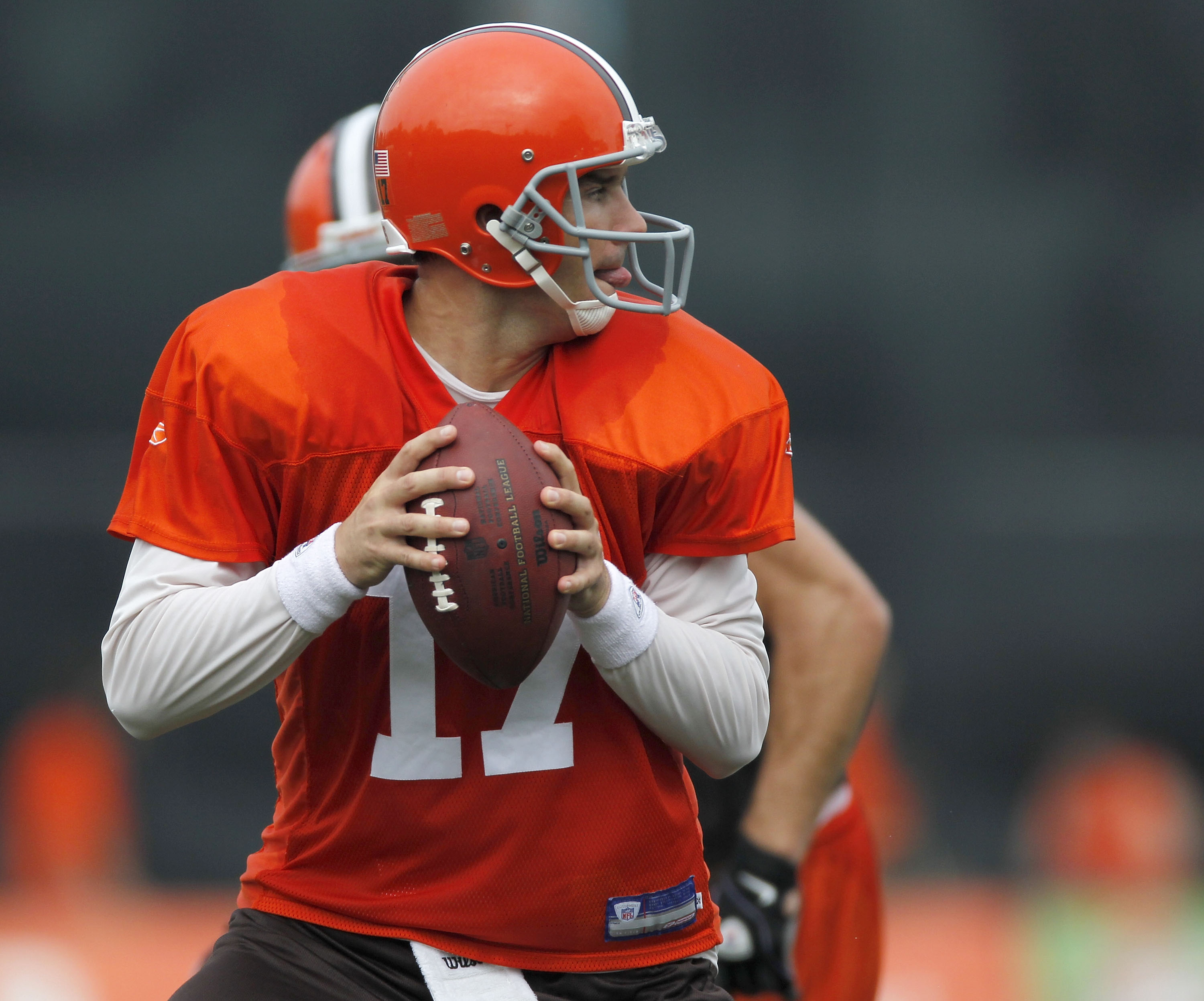 BEREA, OH - AUGUST 04:  Jake Delhomme #17 of the Cleveland Browns gets ready to throw a pass during training camp at the Cleveland Browns Training and Administrative Complex on August 4, 2010 in Berea, Ohio.  (Photo by Gregory Shamus/Getty Images)