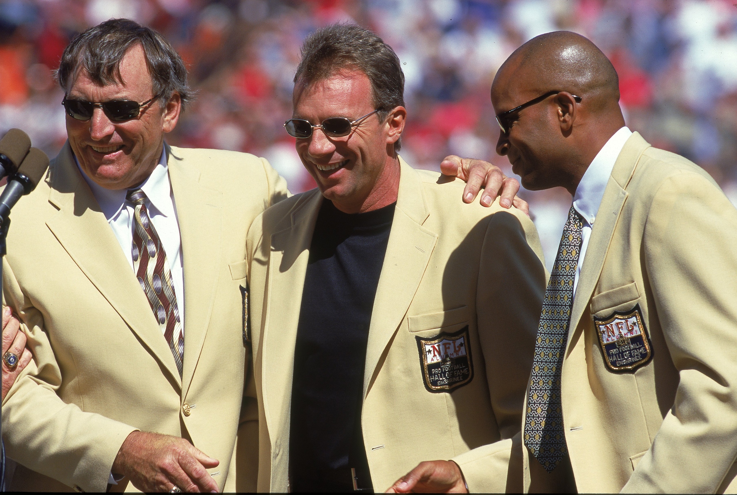10 Sep 2000: Ronnie Lott of the Ex-San Francisco 49ers talks to the crowd with Dave Wilcox and Joe Montana during the game against the Carolina Panthers at 3Com Park in San Francisco, California. The Panthers defeated the 49ers 38-22.Mandatory Credit: Tom