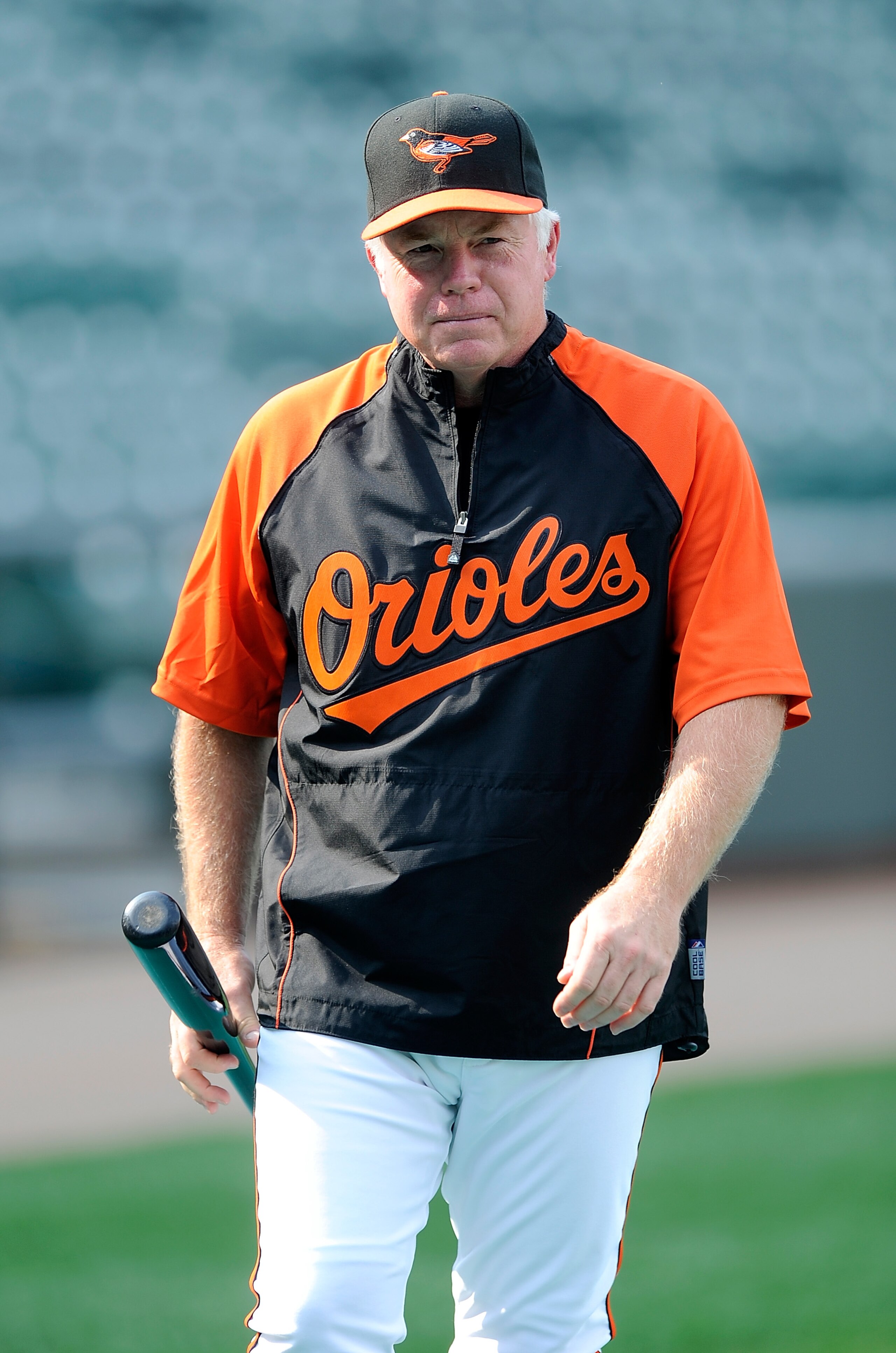 BALTIMORE - AUGUST 04:  Manager Buck Showalter of the Baltimore Orioles watches batting practice before the game against the Los Angeles Angels of Anaheim at Camden Yards on August 4, 2010 in Baltimore, Maryland.  (Photo by Greg Fiume/Getty Images)