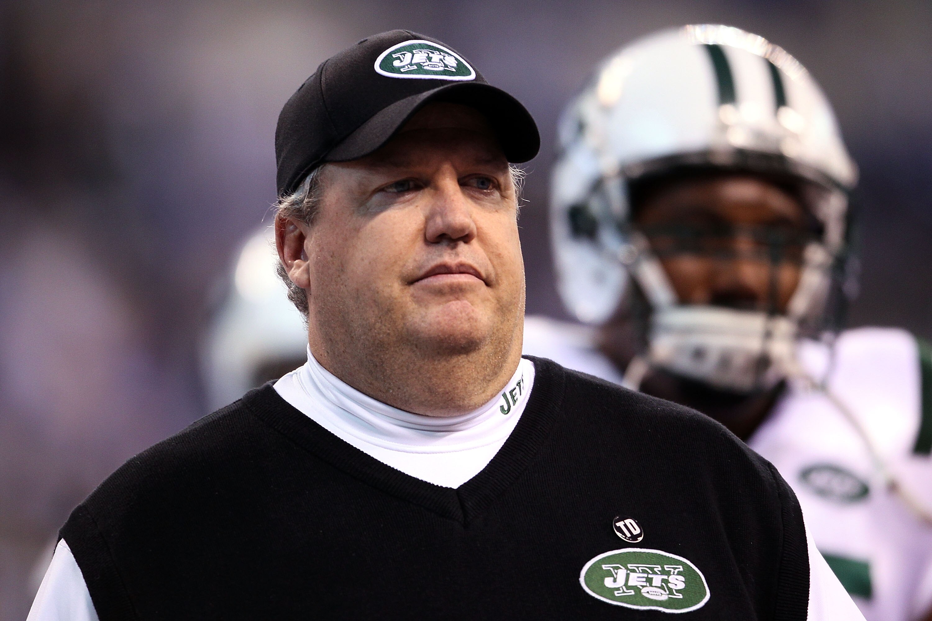 INDIANAPOLIS - JANUARY 24:  Rex Ryan, head coach of the New York Jets, looks on during warm-ups before playing against the Indianapolis Colts during the AFC Championship Game at Lucas Oil Stadium on January 24, 2010 in Indianapolis, Indiana.  (Photo by An