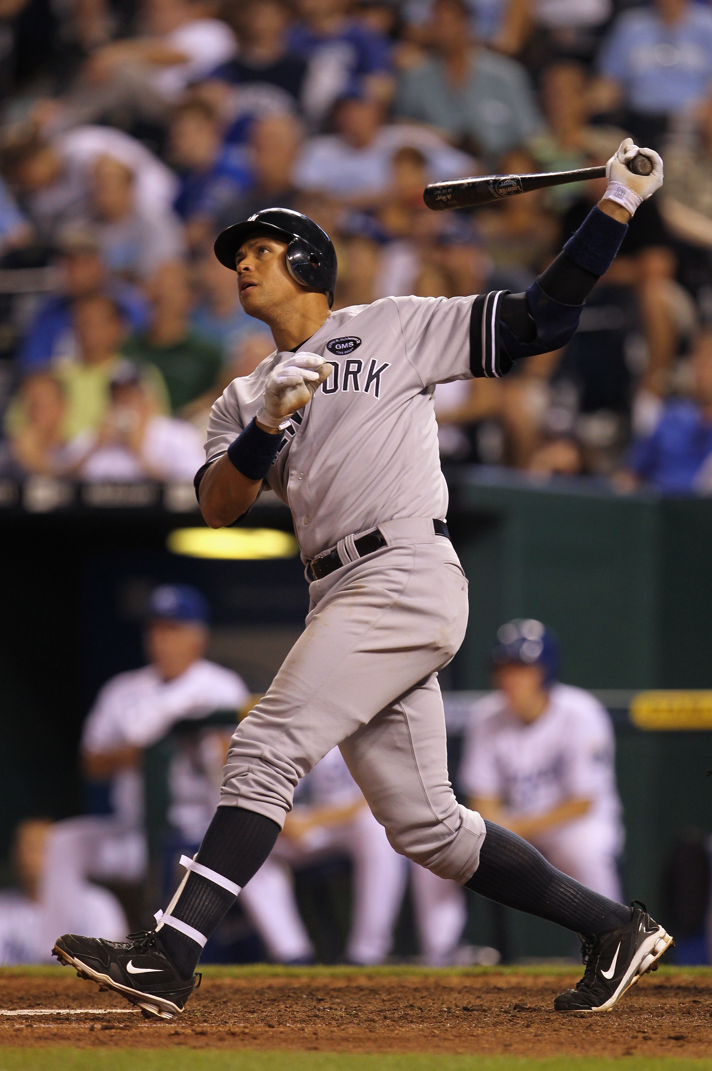 KANSAS CITY, MO - AUGUST 14:  Alex Rodriguez #13 of the New York Yankees hits his 3rd home run of the night during the 8th inning of the game against the Kansas City Royals on August 14, 2010 at Kauffman Stadium in Kansas City, Missouri.  (Photo by Jamie 