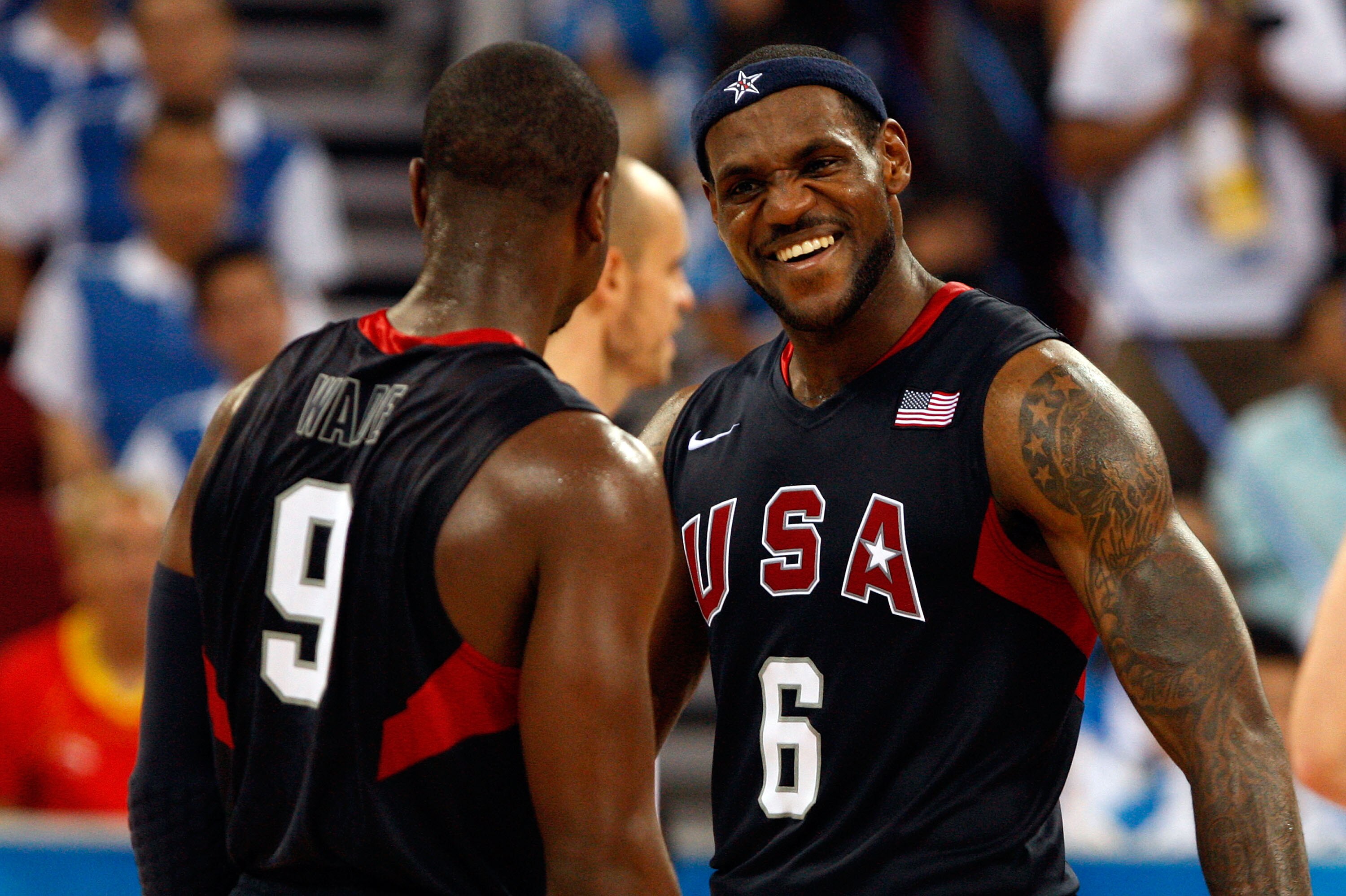 BEIJING - AUGUST 24:  LeBron James #6 and Dwyane Wade #9 of the United States celebrate after defeating Spain 118-107 in the gold medal game during Day 16 of the Beijing 2008 Olympic Games at the Beijing Olympic Basketball Gymnasium on August 24, 2008 in