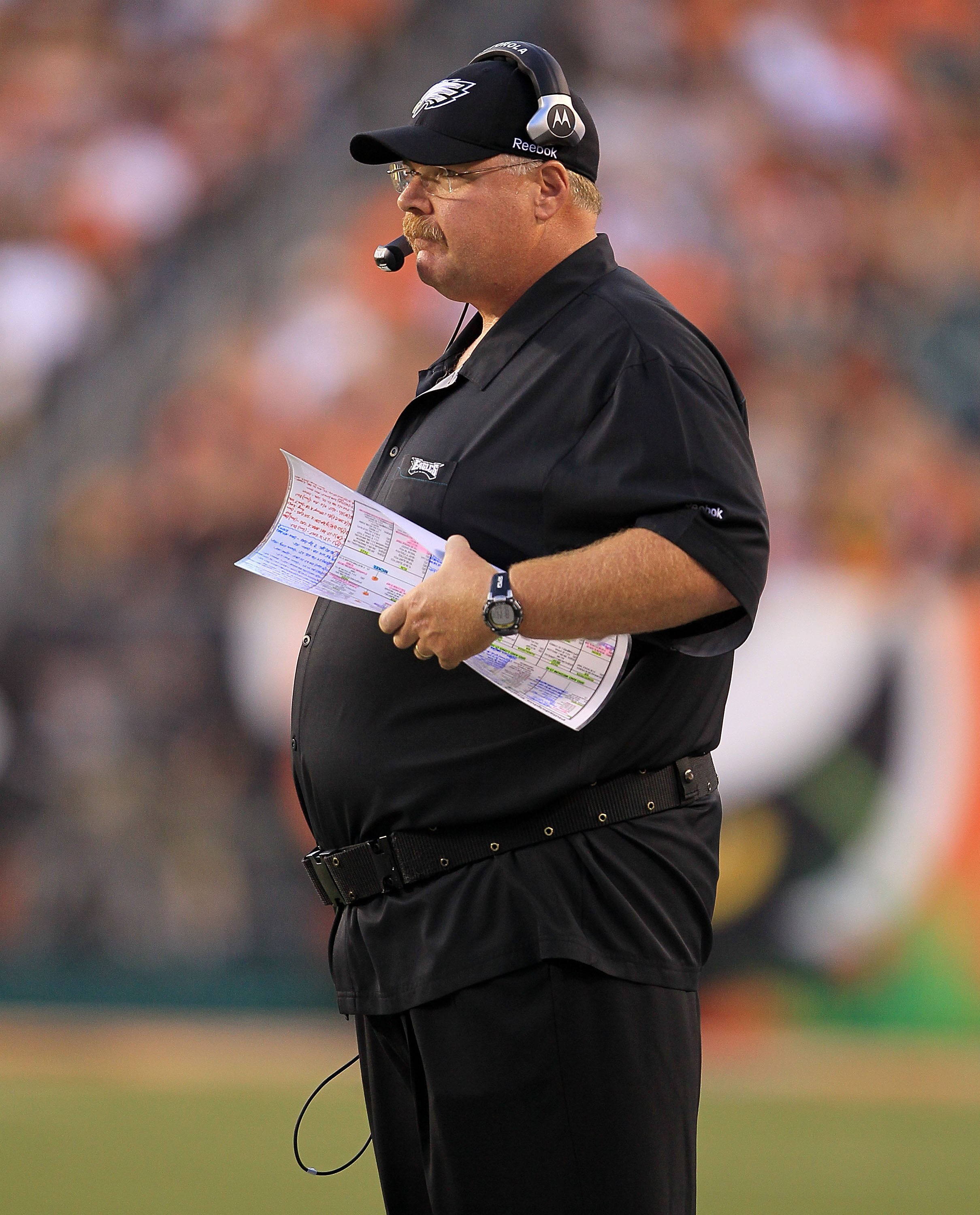 CINCINNATI - AUGUST 20:  Andy Reid the Head coach of the Philadelphia Eagles is pictured during the NFL preseason game against the Cincinnati Bengals at Paul Brown Stadium on August 20, 2010 in Cincinnati, Ohio.  (Photo by Andy Lyons/Getty Images)