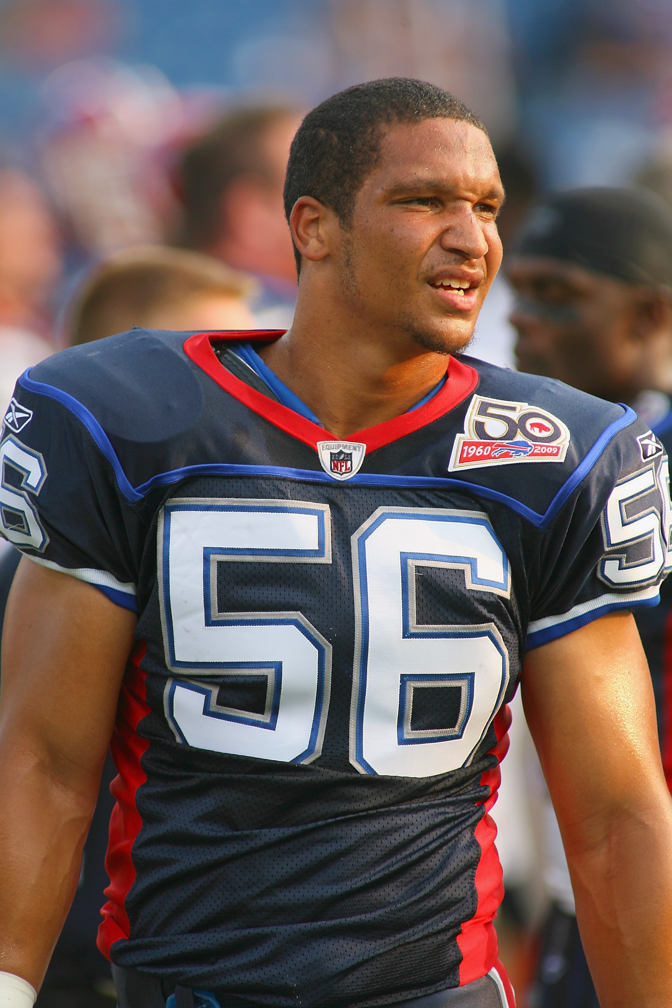 ORCHARD PARK, NY - AUGUST 15:  Linebacker Keith Ellison #56 of the Buffalo Bills looks on from the sideline during the preseason game against the Chicago Bears on August 15, 2009 at Ralph Wilson Stadium in Orchard Park, New York. The Bills won 27-20. (Pho