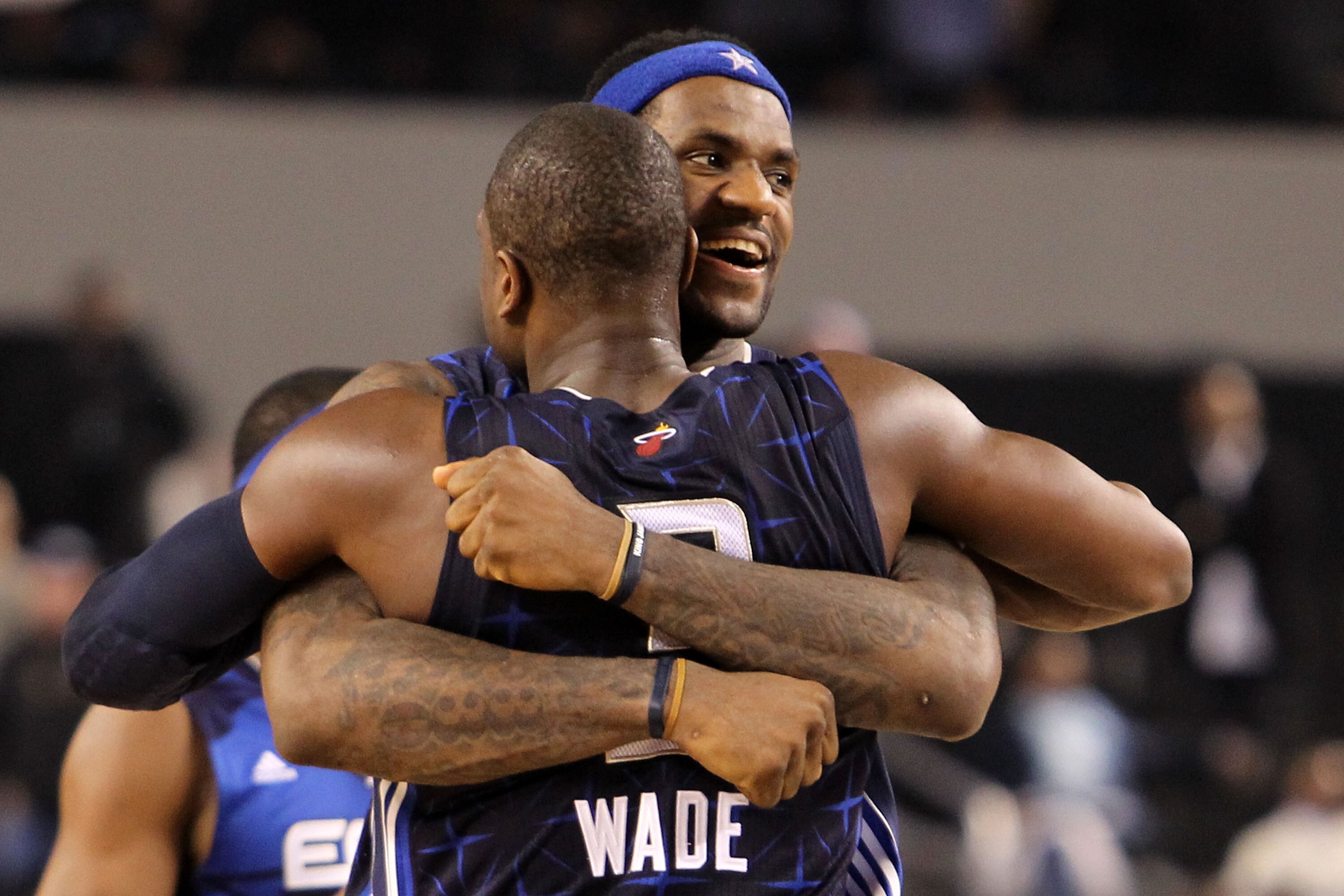 ARLINGTON, TX - FEBRUARY 14:  LeBron James #23 and Dwyane Wade #3 of the Eastern Conference celebrate their 141-139 victory over the Western Conference during the NBA All-Star Game, part of 2010 NBA All-Star Weekend at Cowboys Stadium on February 14, 2010