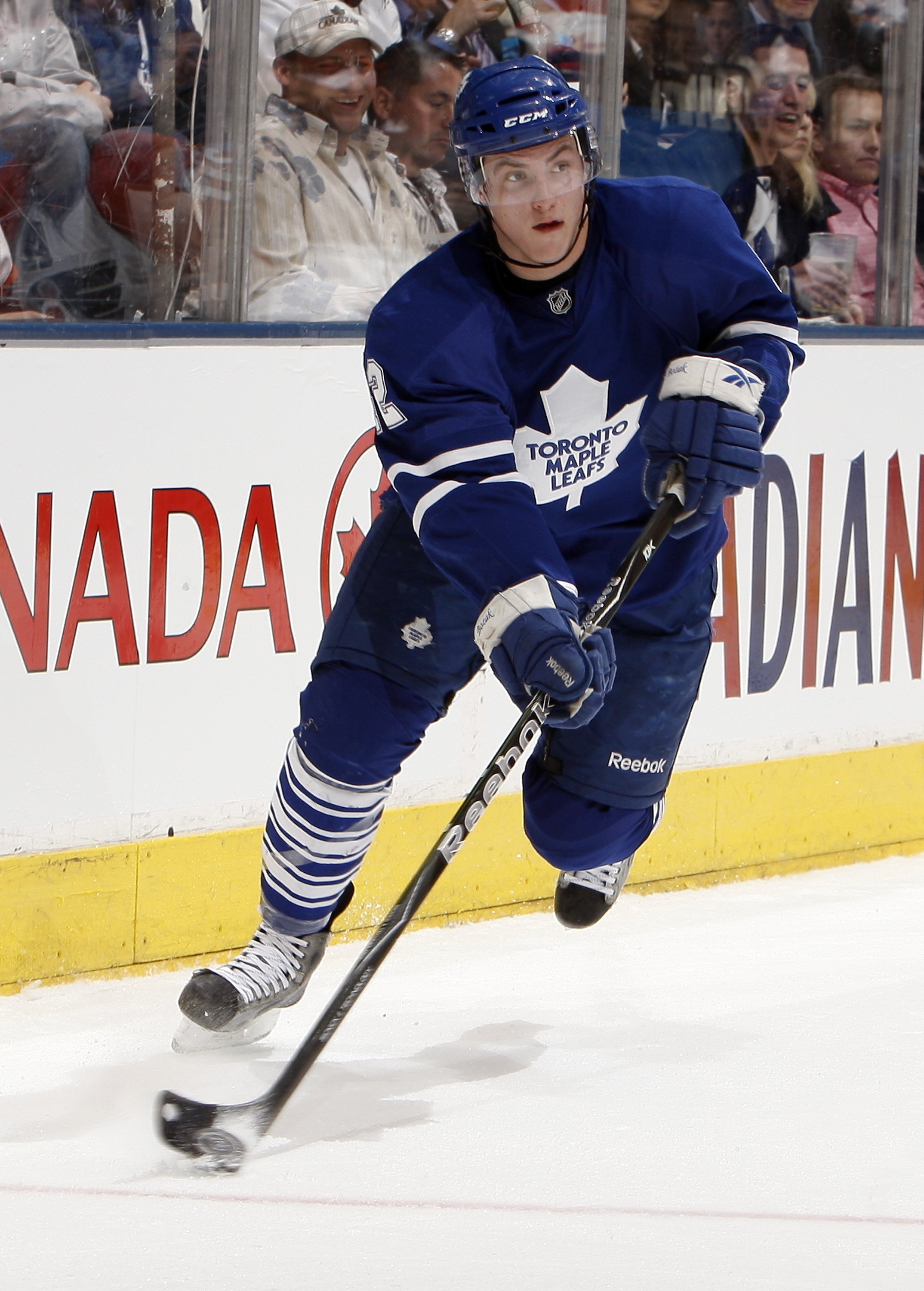 TORONTO - APRIL 6: Tyler Bozak #42 of the Toronto Maple Leafs moves the puck during a NHL game against the Philadelphia Flyers at the Air Canada Centre on April 6, 2010 in Toronto, Ontario, Canada. (Photo by Abelimages/Getty Images)