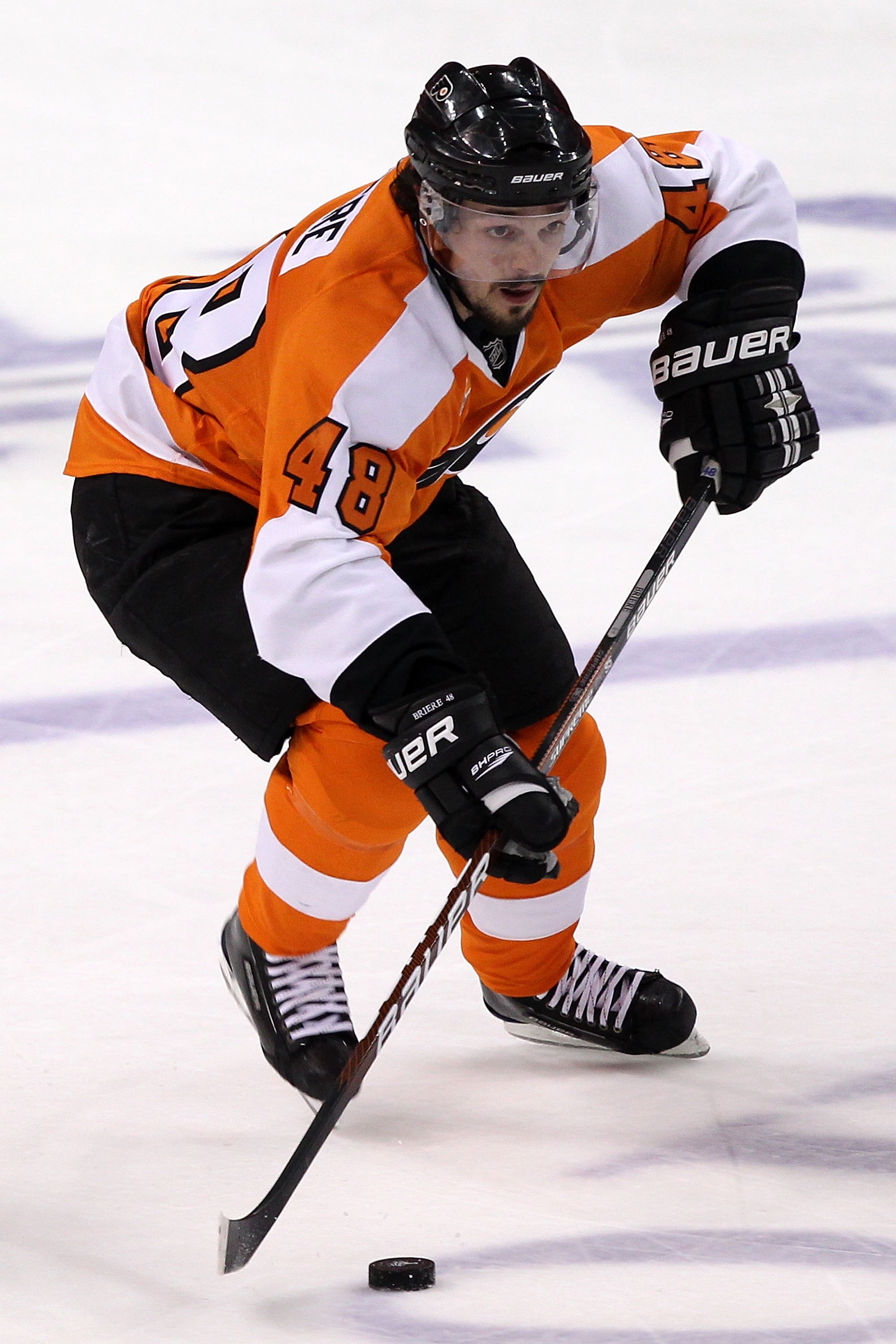 PHILADELPHIA - JUNE 04:  Danny Briere #48 of the Philadelphia Flyers handles the puck against the Chicago Blackhawks in Game Four of the 2010 NHL Stanley Cup Final at Wachovia Center on June 4, 2010 in Philadelphia, Pennsylvania.  (Photo by Andre Ringuett