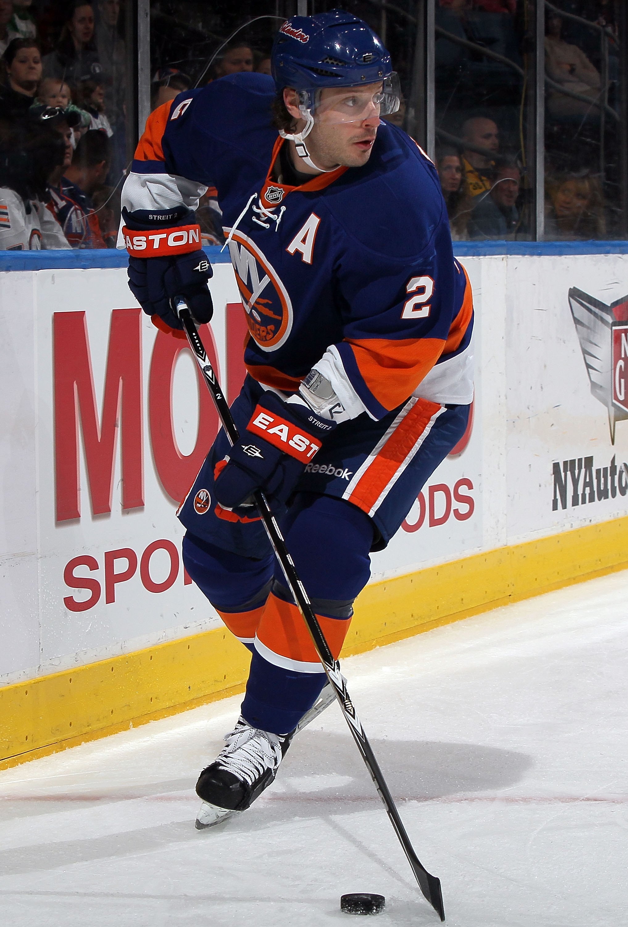 UNIONDALE, NY - APRIL 03:  Mark Streit #2 of the New York Islanders skates against the Ottawa Senators on April 3, 2010 at Nassau Coliseum in Uniondale, New York. The Isles defeated the Senators 4-1.  (Photo by Jim McIsaac/Getty Images)