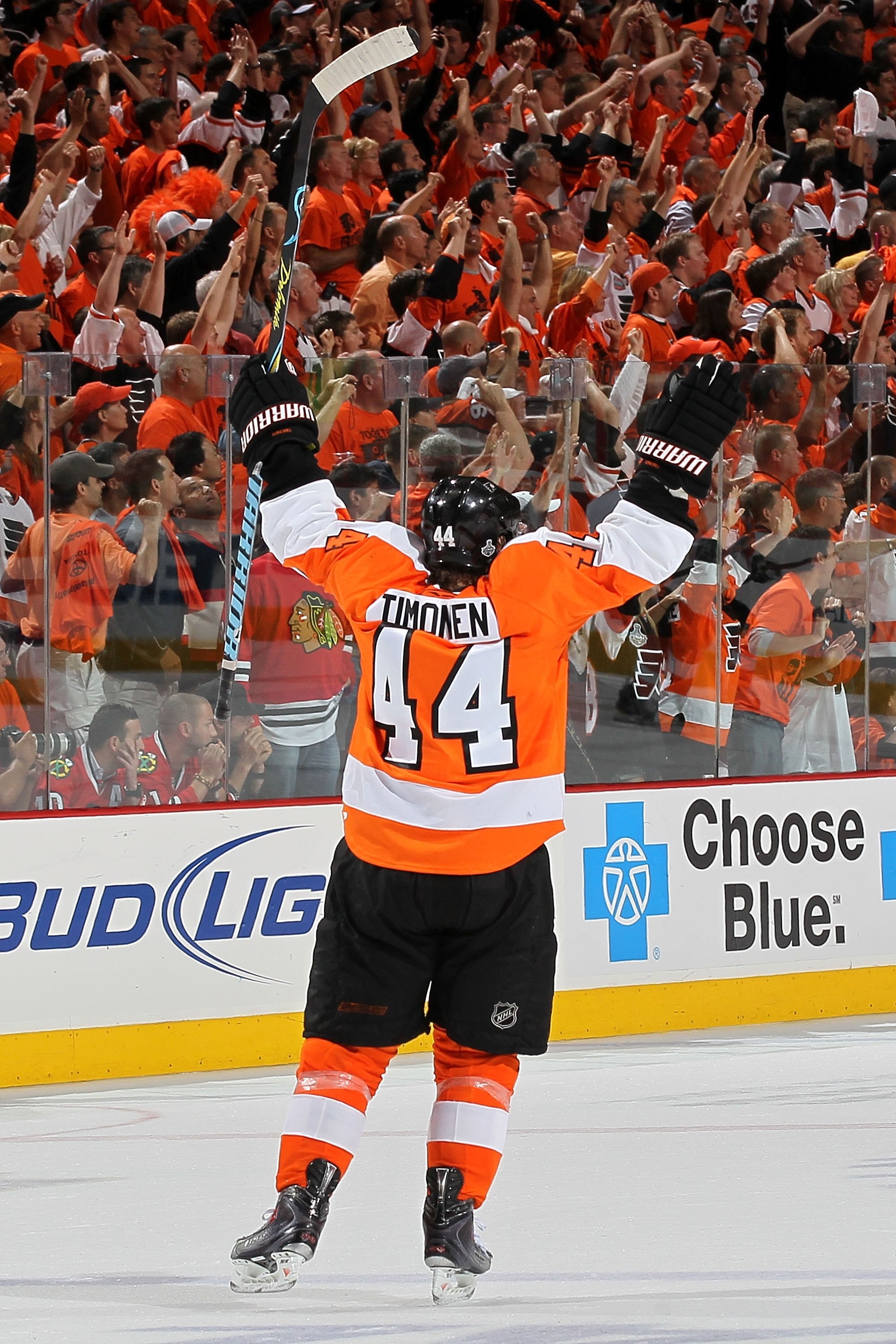 PHILADELPHIA - JUNE 04:  Kimmo Timonen #44 of the Philadelphia Flyers celebrates his team's goal against the Chicago Blackhawks in Game Four of the 2010 NHL Stanley Cup Final at Wachovia Center on June 4, 2010 in Philadelphia, Pennsylvania.  (Photo by Jim