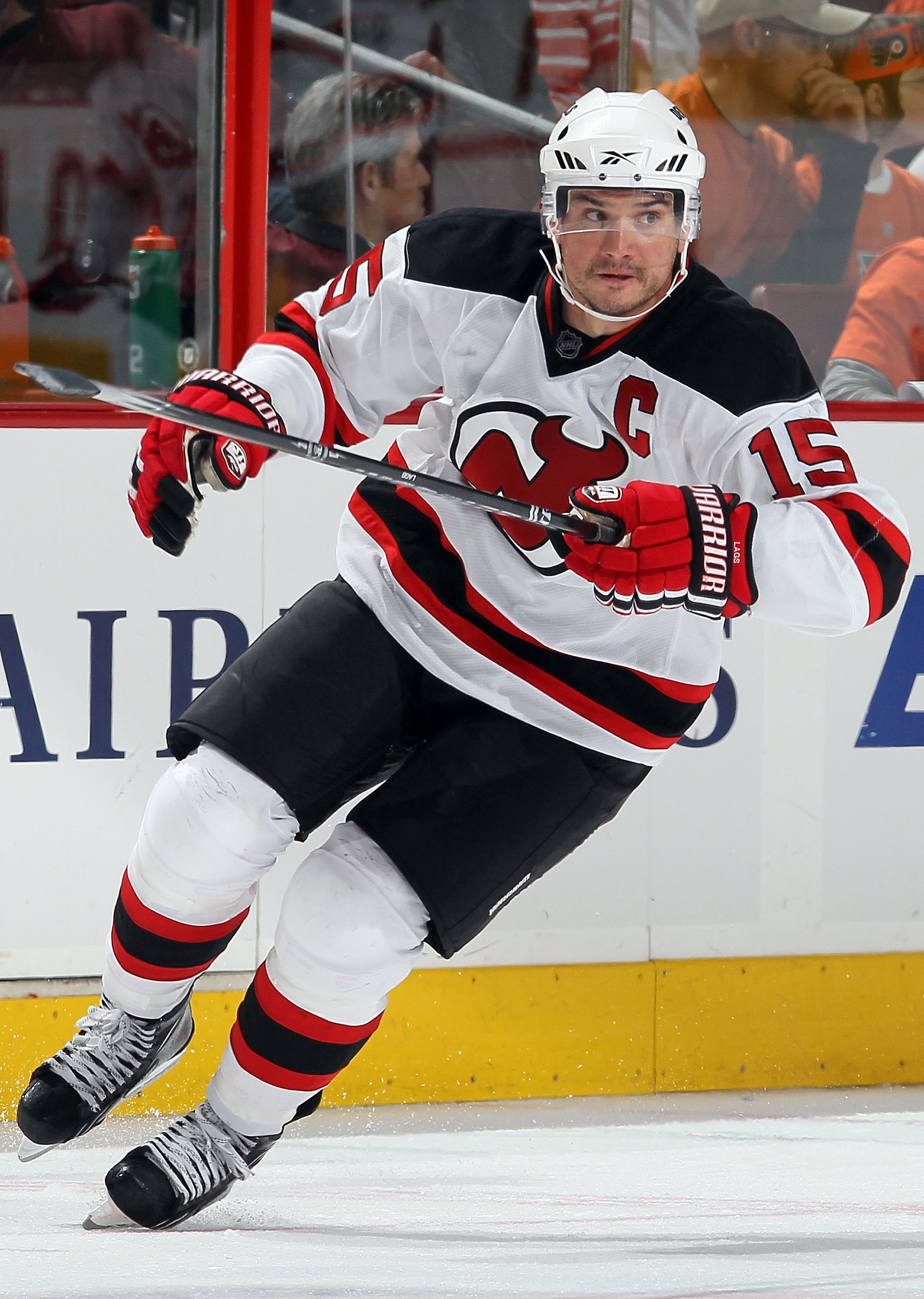 PHILADELPHIA - APRIL 20:  Jamie Langenbrunner #15 of the New Jersey Devils skates against of the Philadelphia Flyers in Game Four of the Eastern Conference Quarterfinals during the 2010 NHL Stanley Cup Playoffs at the Wachovia Center on April 20, 2010 in