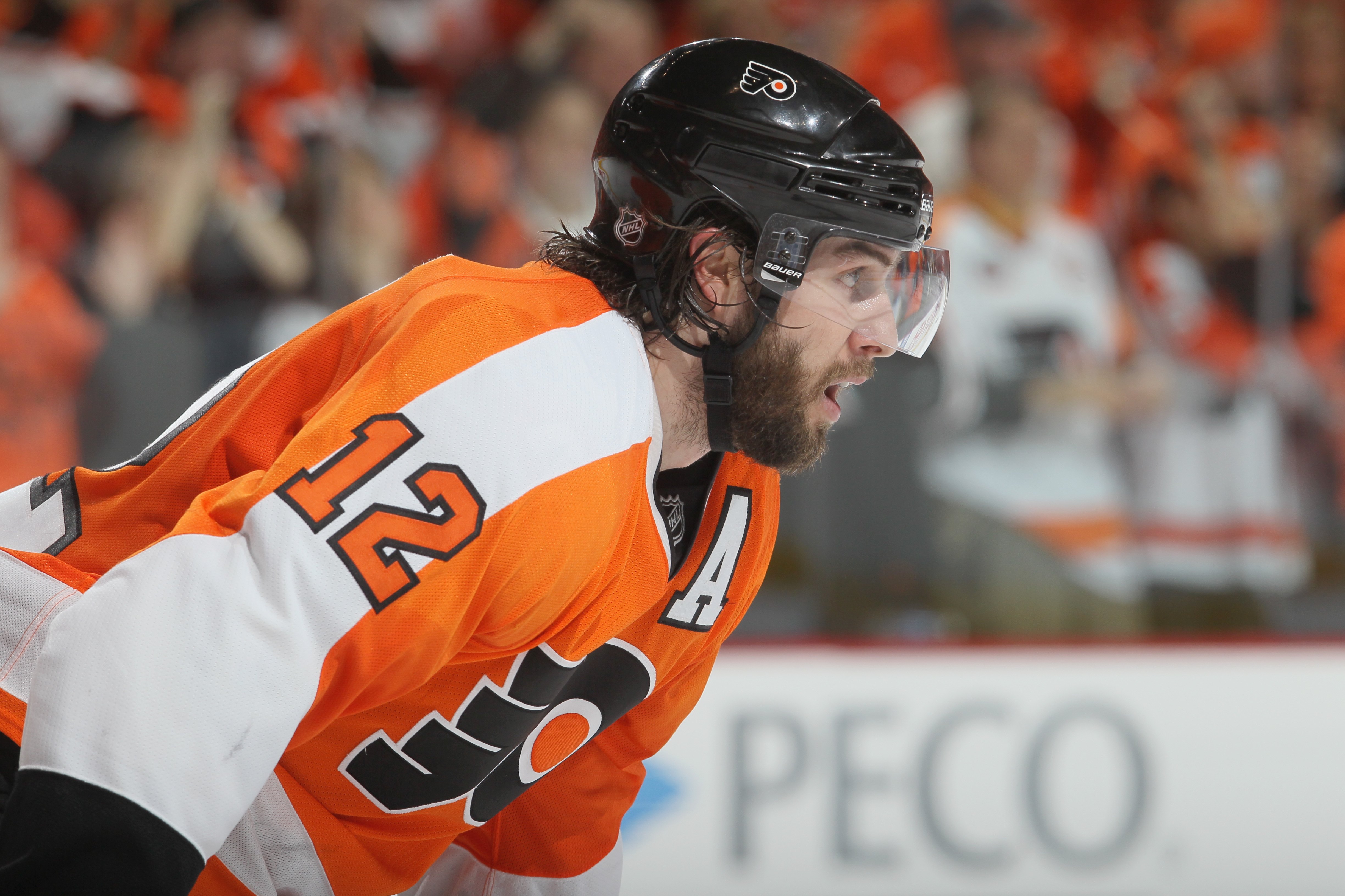 PHILADELPHIA - MAY 24:  Simon Gagne #12 of the Philadelphia Flyers looks on against the Montreal Canadiens in Game 5 of the Eastern Conference Finals during the 2010 NHL Stanley Cup Playoffs at Wachovia Center on May 24, 2010 in Philadelphia, Pennsylvania
