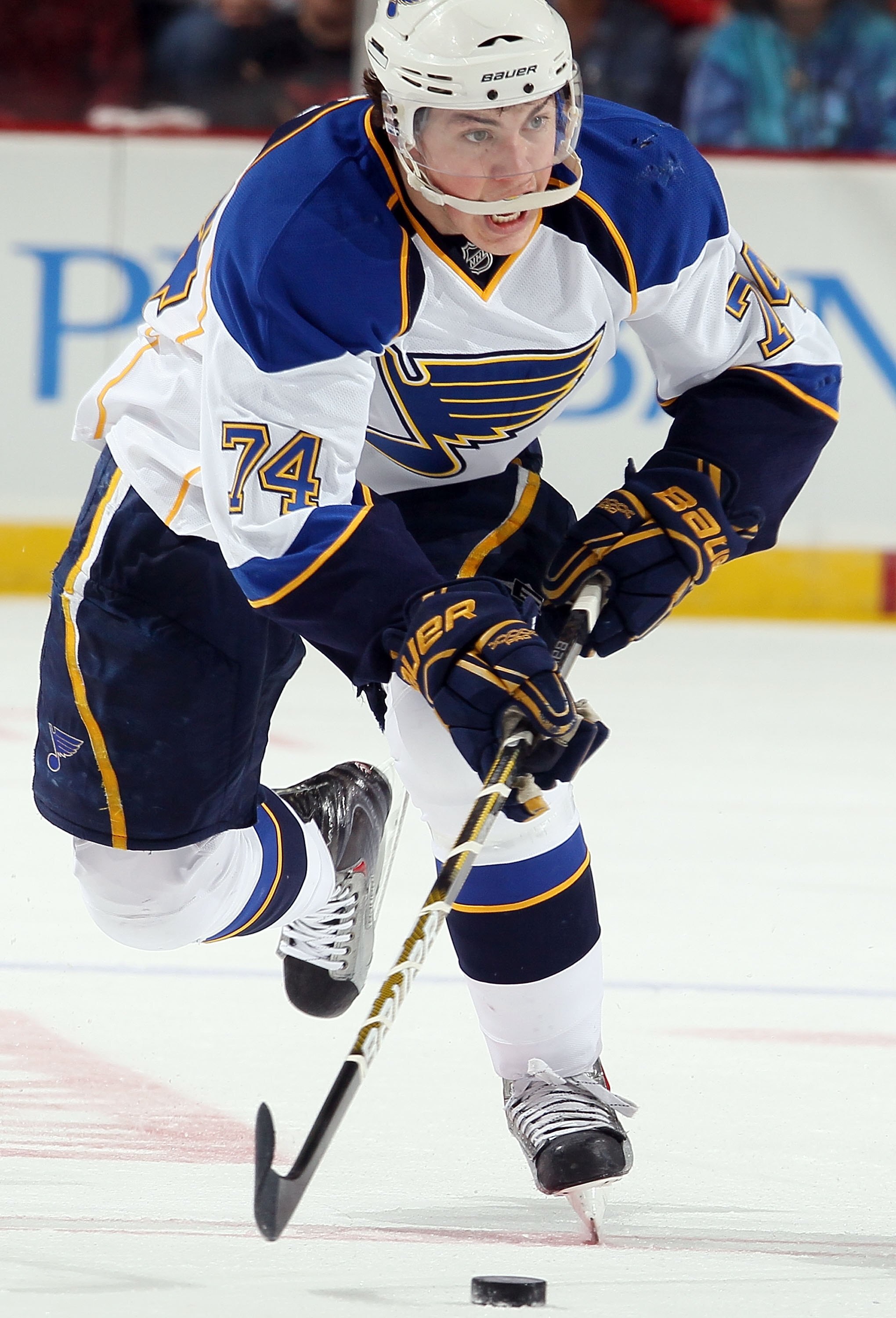 NEWARK, NJ - MARCH 20:  TJ Oshie #74 of the St. Louis Blues skates against the New Jersey Devils at the Prudential Center on March 20, 2010 in Newark, New Jersey. The Blues defeated the Devils 1-0.  (Photo by Jim McIsaac/Getty Images)
