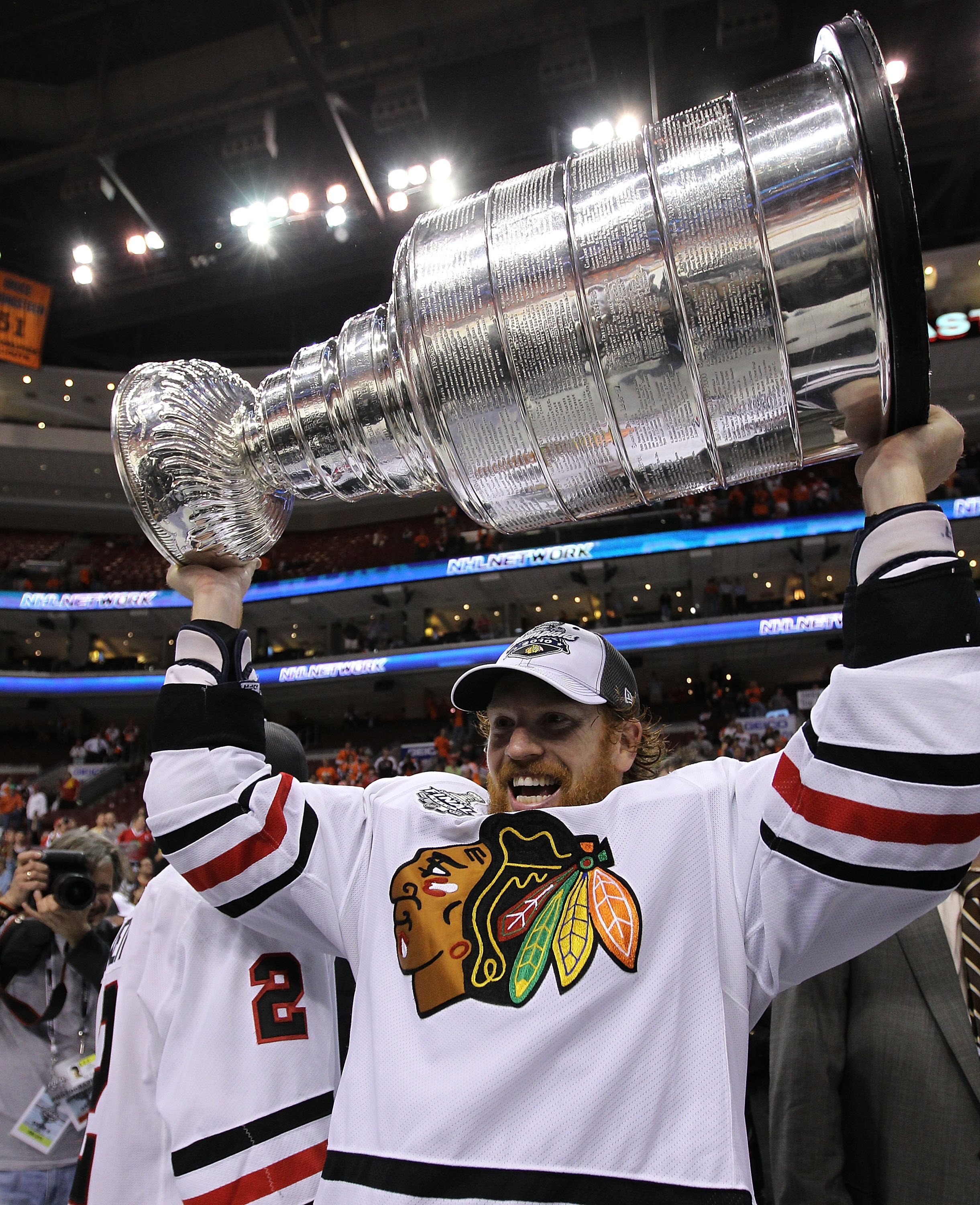 PHILADELPHIA - JUNE 09:  Brian Campbell #51 of the Chicago Blackhawks hoists the Stanley Cup after the Blackhawks defeated the Philadelphia Flyers 4-3 in overtime to win the Stanley Cup in Game Six of the 2010 NHL Stanley Cup Final at the Wachovia Center