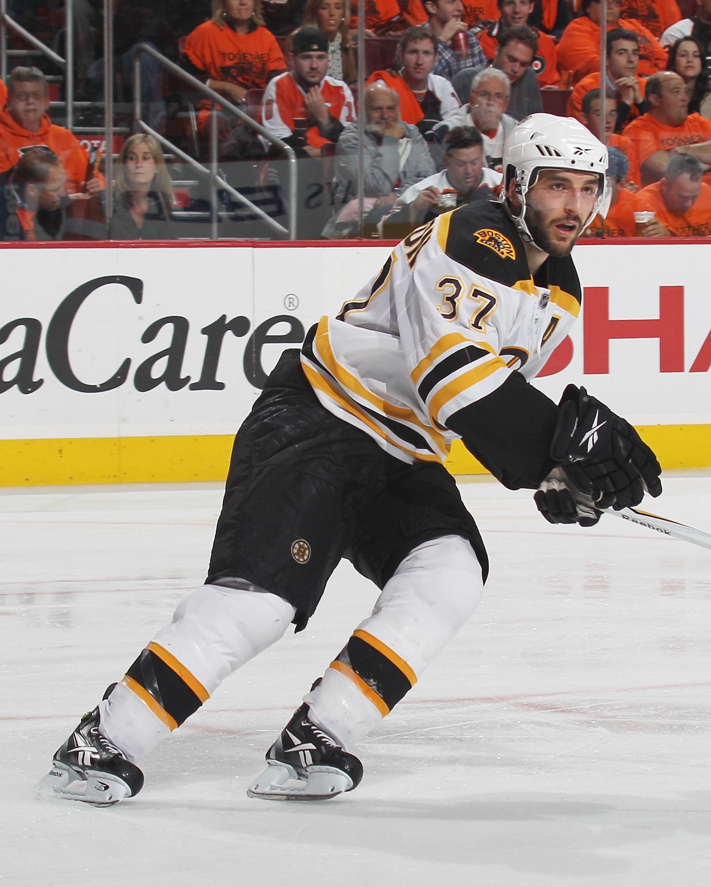 PHILADELPHIA - MAY 12:  Patrice Bergeron #37 of the Boston Bruins skates against the Philadelphia Flyers in Game Six of the Eastern Conference Semifinals during the 2010 NHL Stanley Cup Finals at the Wachovia Center on May 12, 2010 in Philadelphia, Pennsy
