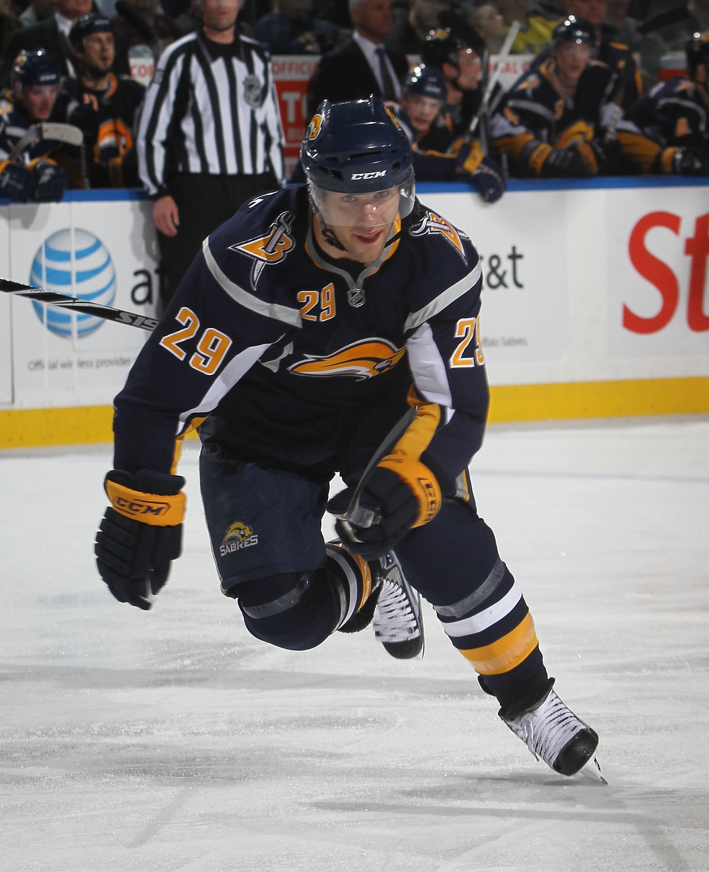 BUFFALO, NY - MARCH 10:  Jason Pominville #29 of the Buffalo Sabres skates against  the Dallas Stars at the HSBC Arena on March 10, 2010 in Buffalo, New York.  (Photo by Bruce Bennett/Getty Images)
