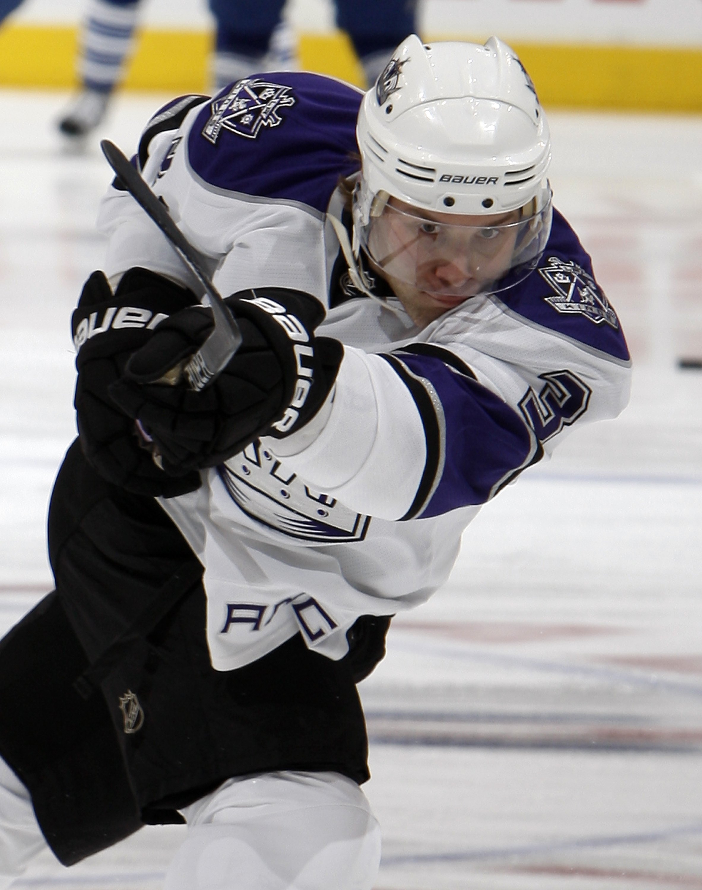 TORONTO - JANUARY 26: Jack Johnson #3 of the Los Angeles Kings shoots during warmup before the game against the Toronto Maple Leafs on January 26, 2010 at the Air Canada Centre in Toronto, Ontario, Canada. (Photo by Abelimages / Getty Images)