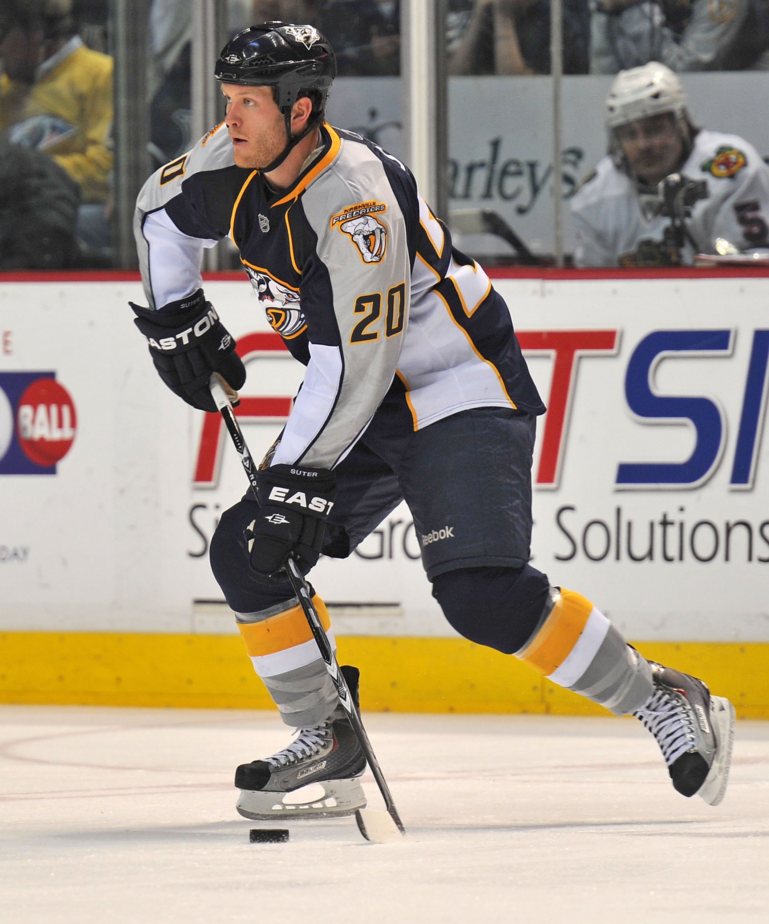 NASHVILLE, TN - APRIL 26:  Ryan Suter #20 of the Nashville Predators skates against the Chicago Blackhawks in Game Six of the Western Conference Quarterfinals during the 2010 NHL Stanley Cup Playoffs at Bridgestone Arena on April 26, 2010 in Nashville, Te