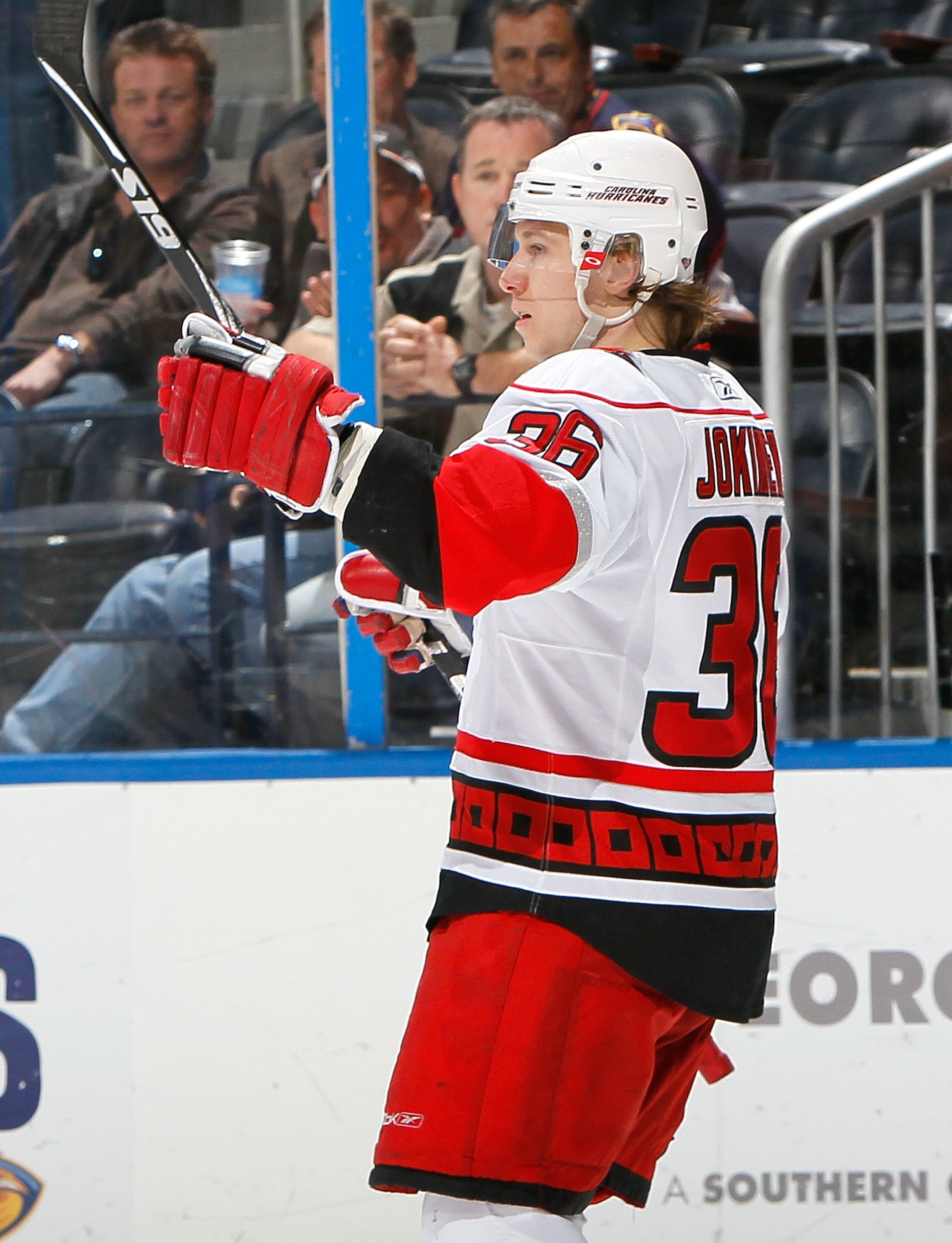 ATLANTA - MARCH 29:  Jussi Jokinen #36 of the Carolina Hurricanes celebrates his empty net goal against the Atlanta Thrashers at Philips Arena on March 29, 2010 in Atlanta, Georgia.  (Photo by Kevin C. Cox/Getty Images)