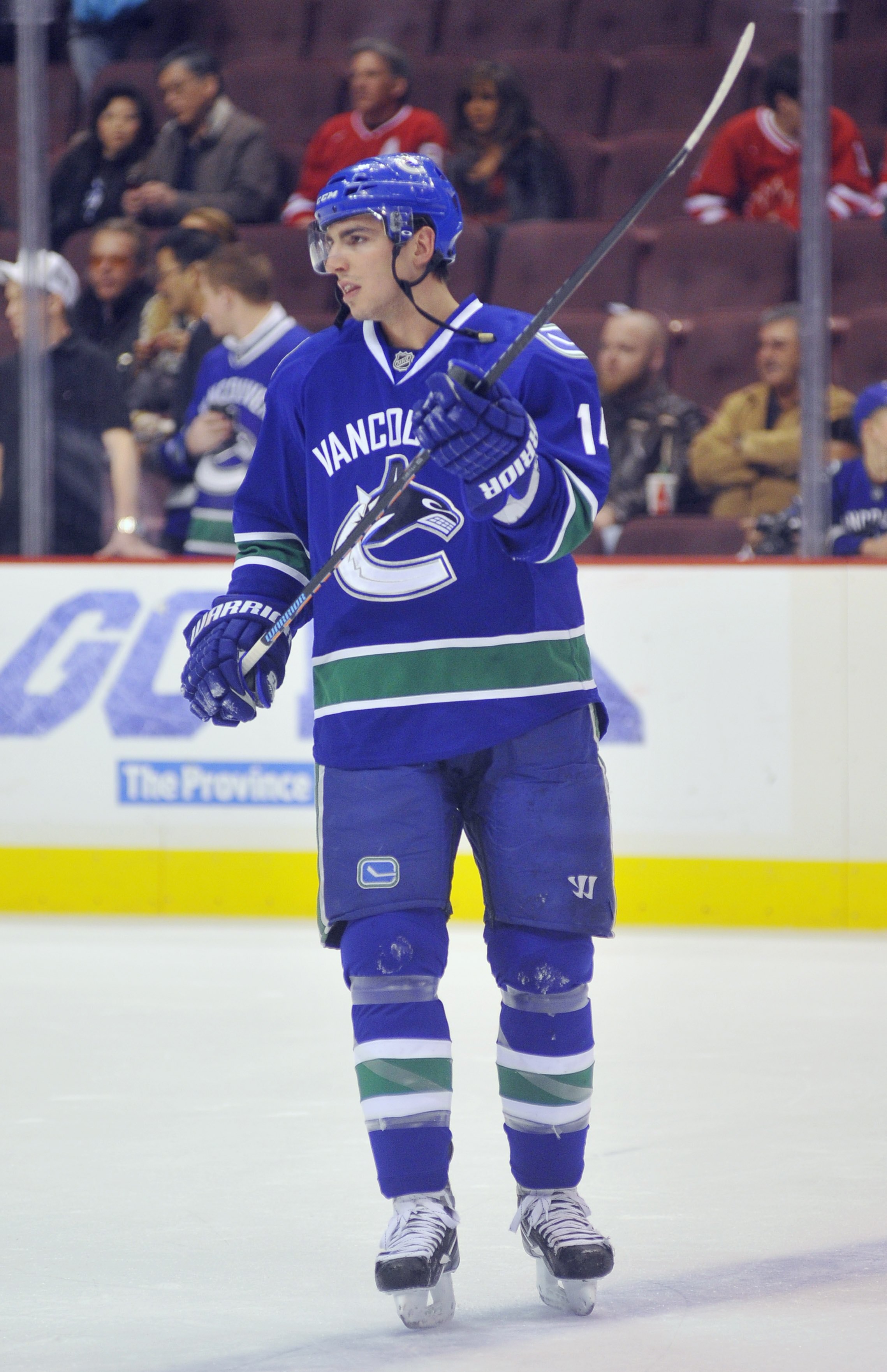 VANCOUVER, CANADA - APRIL 4: Alex Burrows #14 of the Vancouver Canucks skates in the team warmup prior to the start of the NHL game against the Minnesota Wild on April 04, 2010 at General Motors Place in Vancouver, British Columbia, Canada.  (Photo by Ric