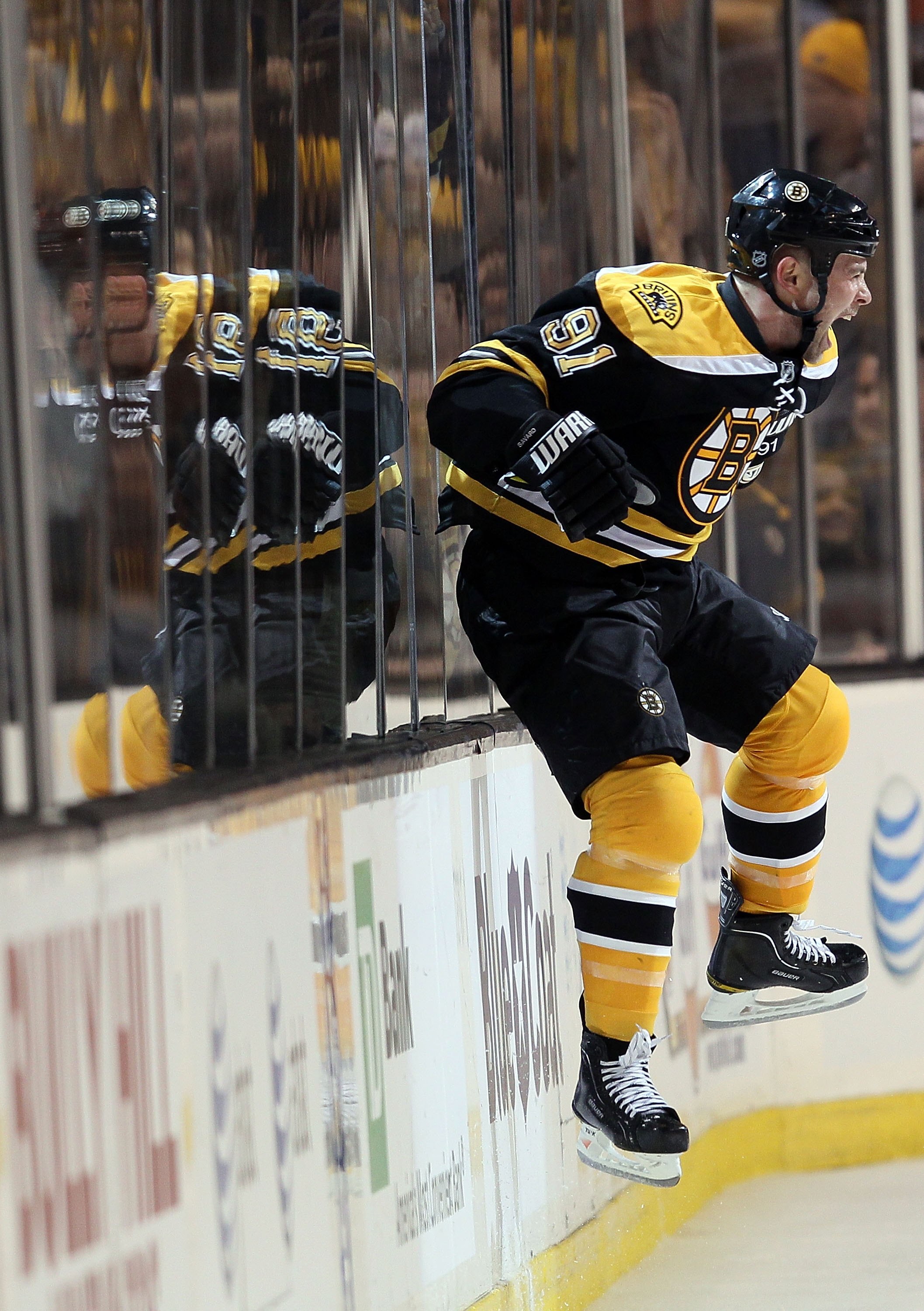 BOSTON - MAY 01:  Marc Savard #91 of the Boston Bruins celebrates his game winning goal in the overtime period against the Philadelphia Flyers in Game One of the Eastern Conference Semifinals during the 2010 NHL Stanley Cup Playoffs at TD Garden on May 1,
