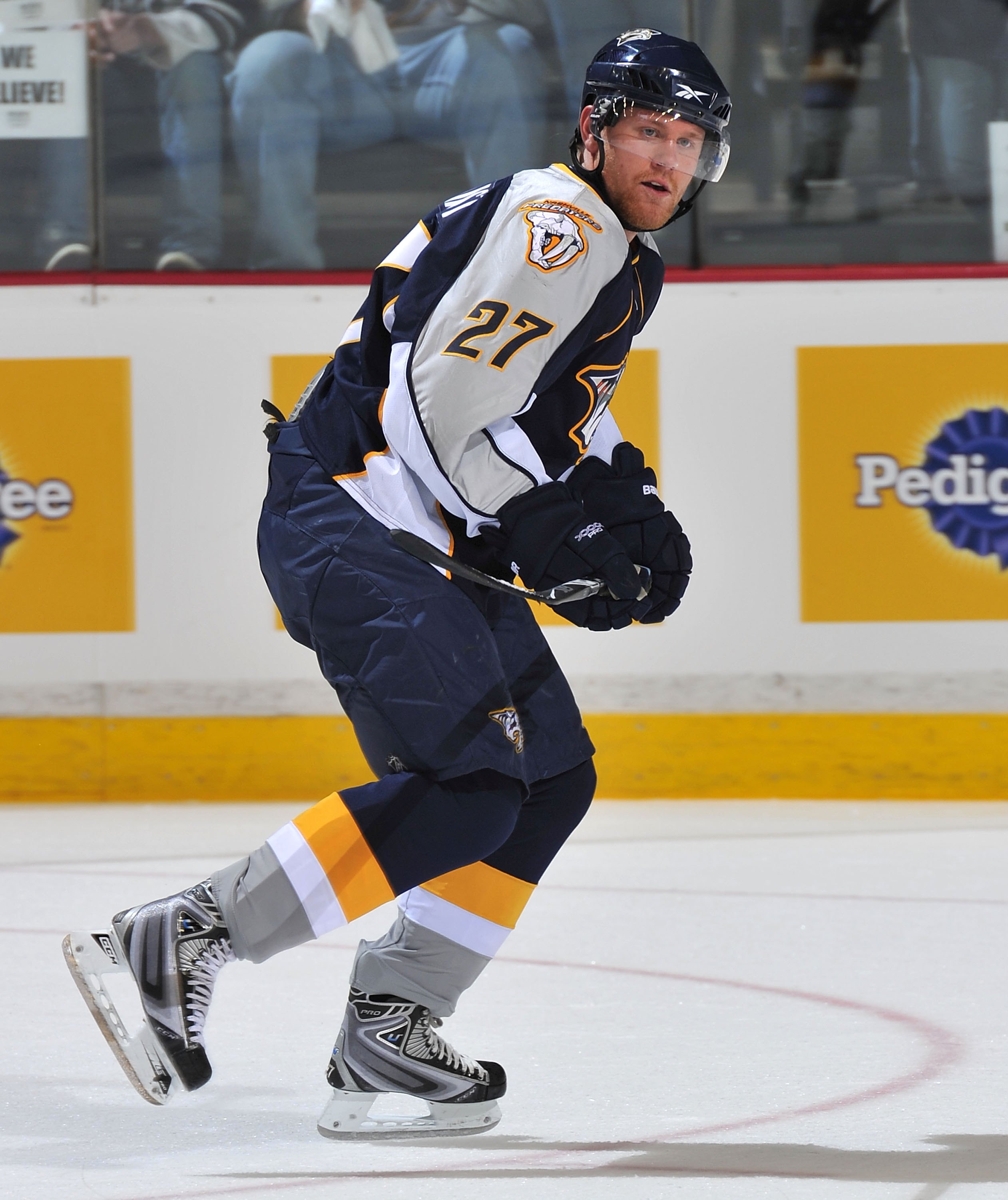 NASHVILLE, TN - APRIL 26:  Patric Hornqvist #27 of the Nashville Predators skates against the Chicago Blackhawks in Game Six of the Western Conference Quarterfinals during the 2010 NHL Stanley Cup Playoffs at Bridgestone Arena on April 26, 2010 in Nashvil
