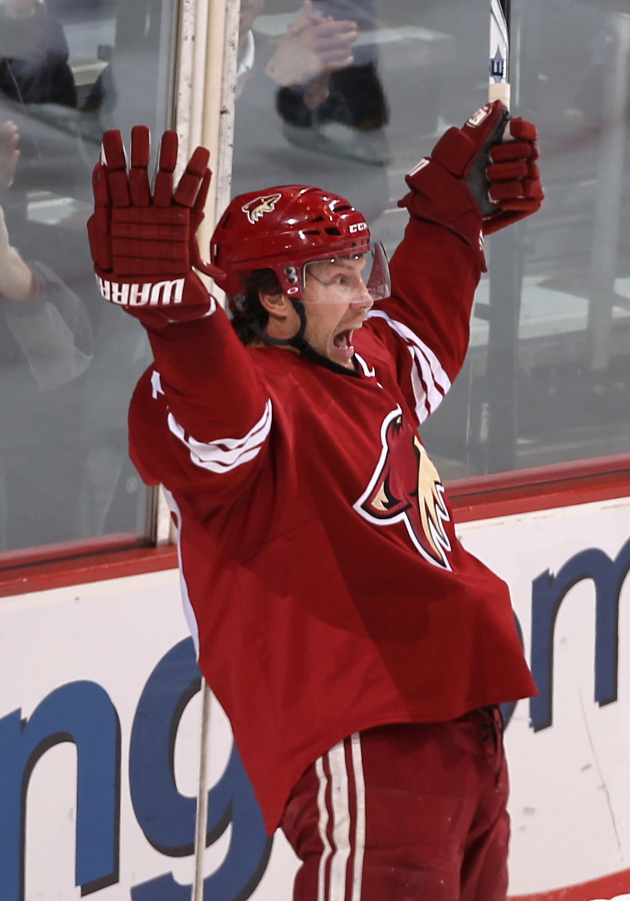 GLENDALE, AZ - APRIL 16:  Shane Doan #19 of the Phoenix Coyotes celebrates after scoring a thrid period goal against the Detroit Red Wings in Game Two of the Western Conference Quarterfinals during the 2010 NHL Stanley Cup Playoffs at Jobing.com Arena on